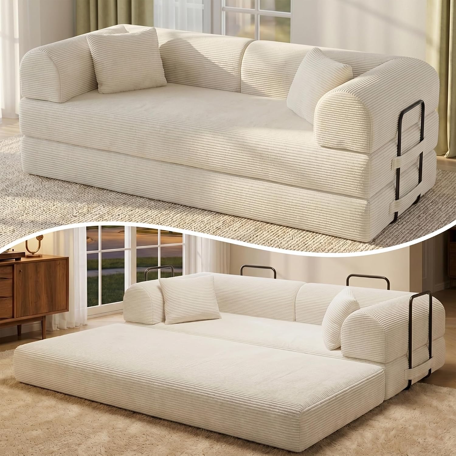 79'' Convertible Lounge Sofa Bed, 5-in-1 Corduroy Sleeper Couch with Pull Out Bed, Folding Floor Sofa for Living Room, Oversized Design, No Assembly (Beige White)