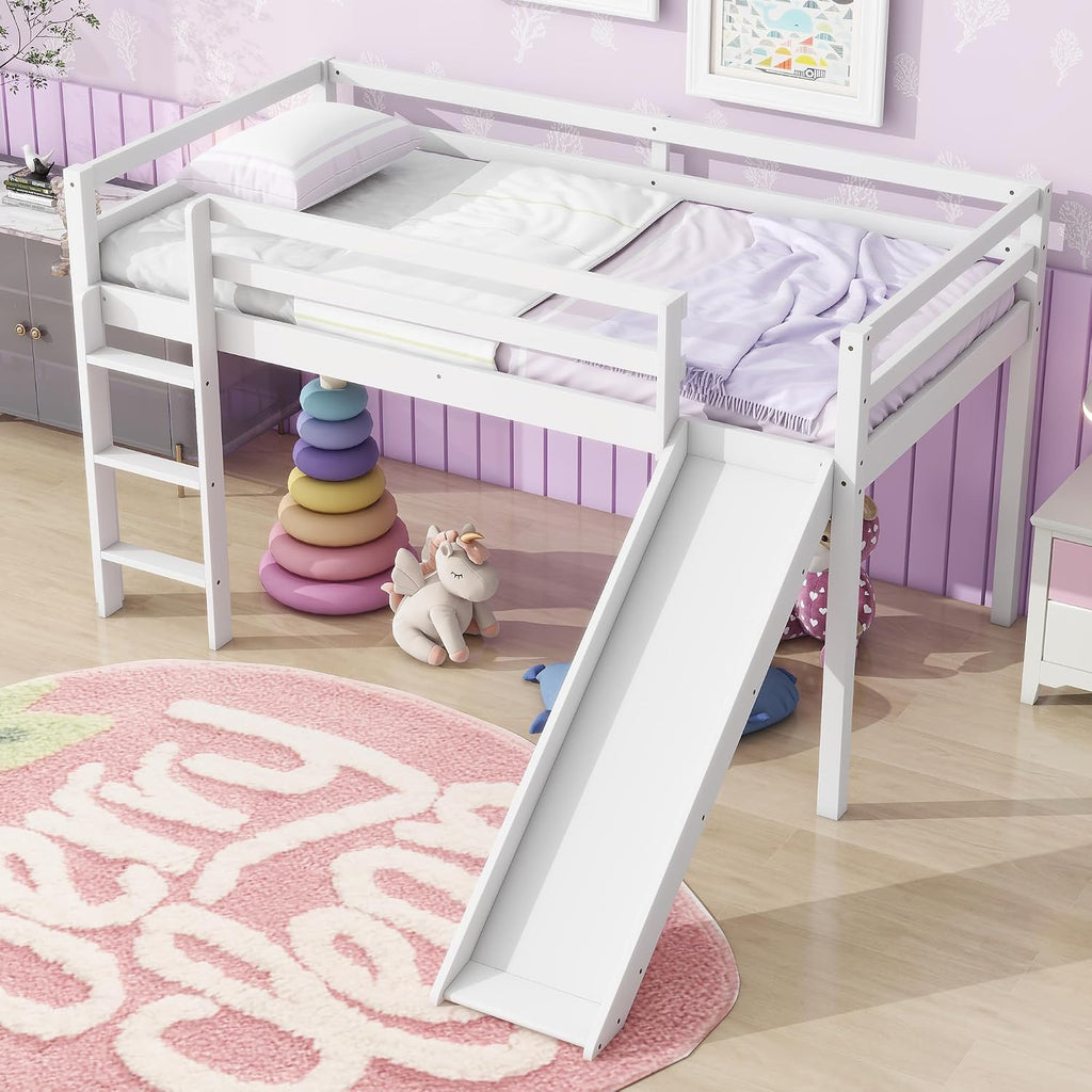 JIVOIT Twin Size Low Loft Bed with Slide and Ladder, Rubber Wood Twin Loft Bed with Under Bed Storage Space, Wood Slats Support, No Box Spring Needed (White/407)