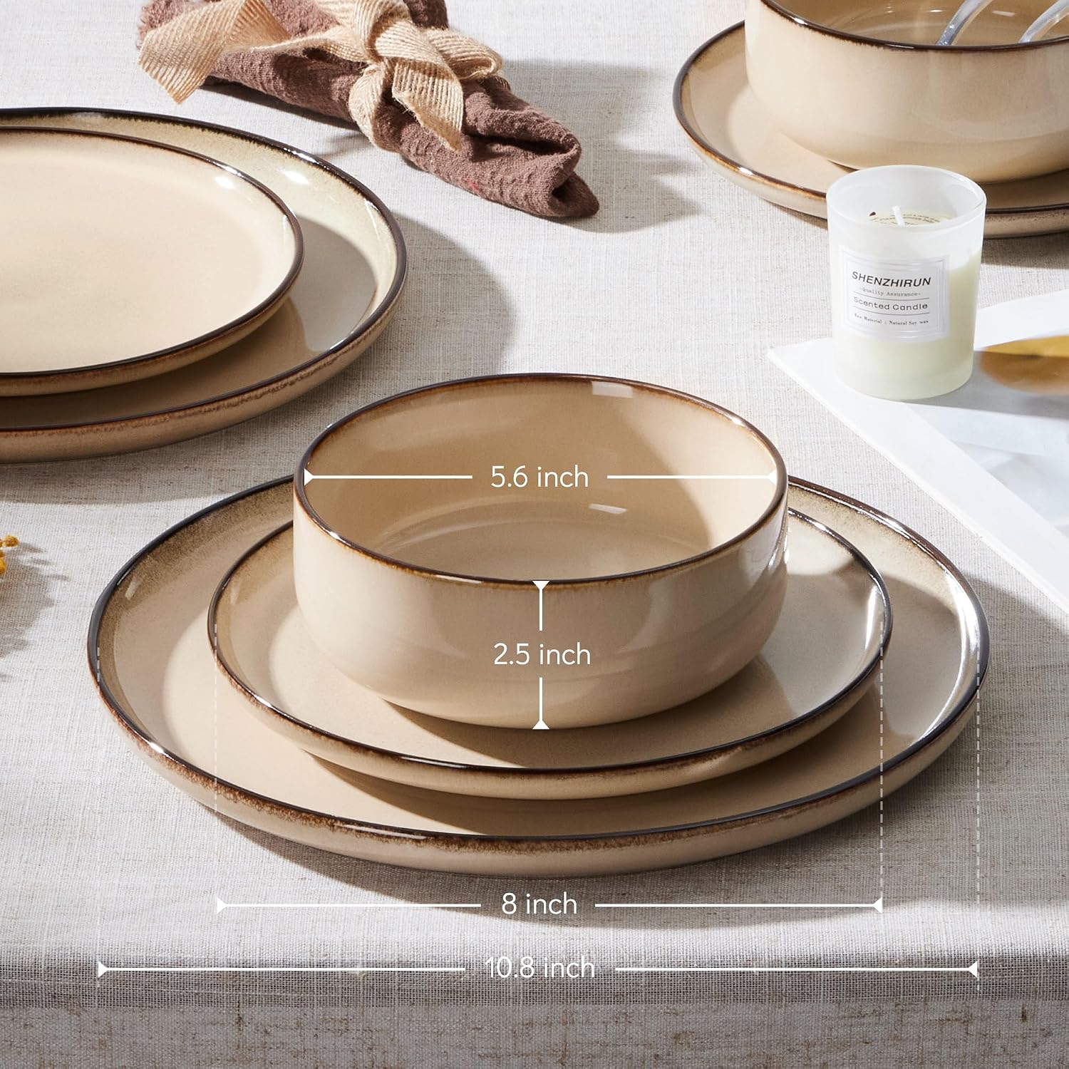 E-far 24-Piece Plates and Bowls Set, Stoneware Dinnerware Sets for 8, Reactive Glaze Ceramic Dinning Ware Dishes, Microwave & Dishwasher Safe - Sandy Beige