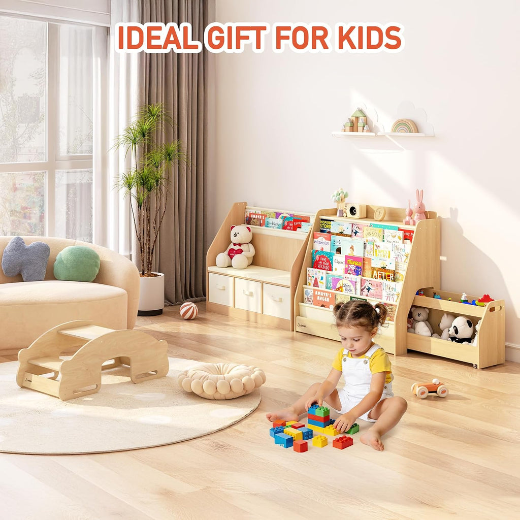 JOYCOPY- 2-in-1 Bookcase Set 5-Tier Kids Bookshelf and Toy Storage with Rolling Book cart, Hideable Storage for Nursery, Playroom, Classroom, Nature