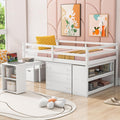 Full Size Loft Bed with Retractable Writing Desk, Wooden Loft Bed with 3 Drawers and Shelves, Storage Stairs, Versatility Low Loft Bed Storage Bed for Kids Boys Girls Bedroom (White,Storage Stairs)