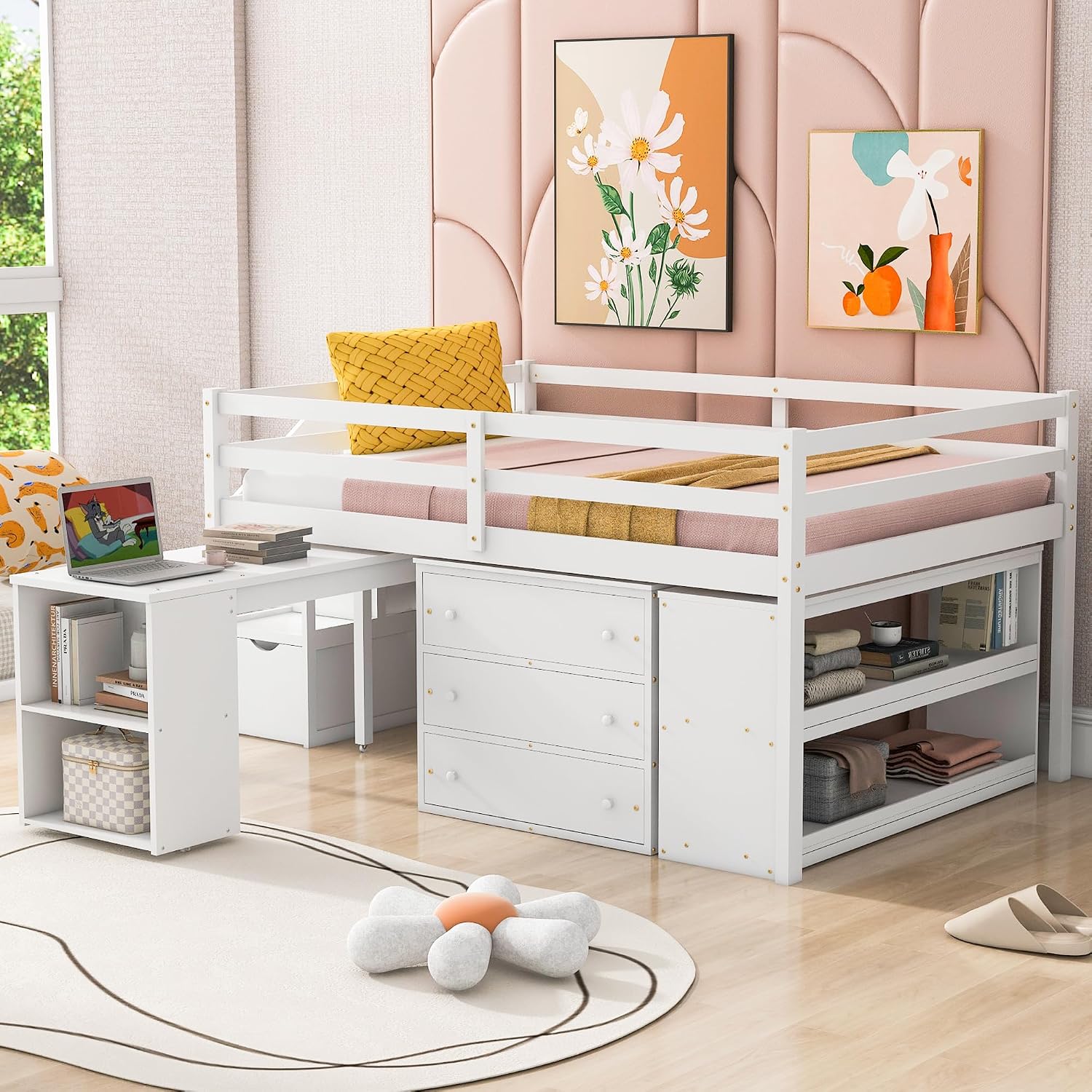 Full Size Loft Bed with Retractable Writing Desk, Wooden Loft Bed with 3 Drawers and Shelves, Storage Stairs, Versatility Low Loft Bed Storage Bed for Kids Boys Girls Bedroom (White,Storage Stairs)