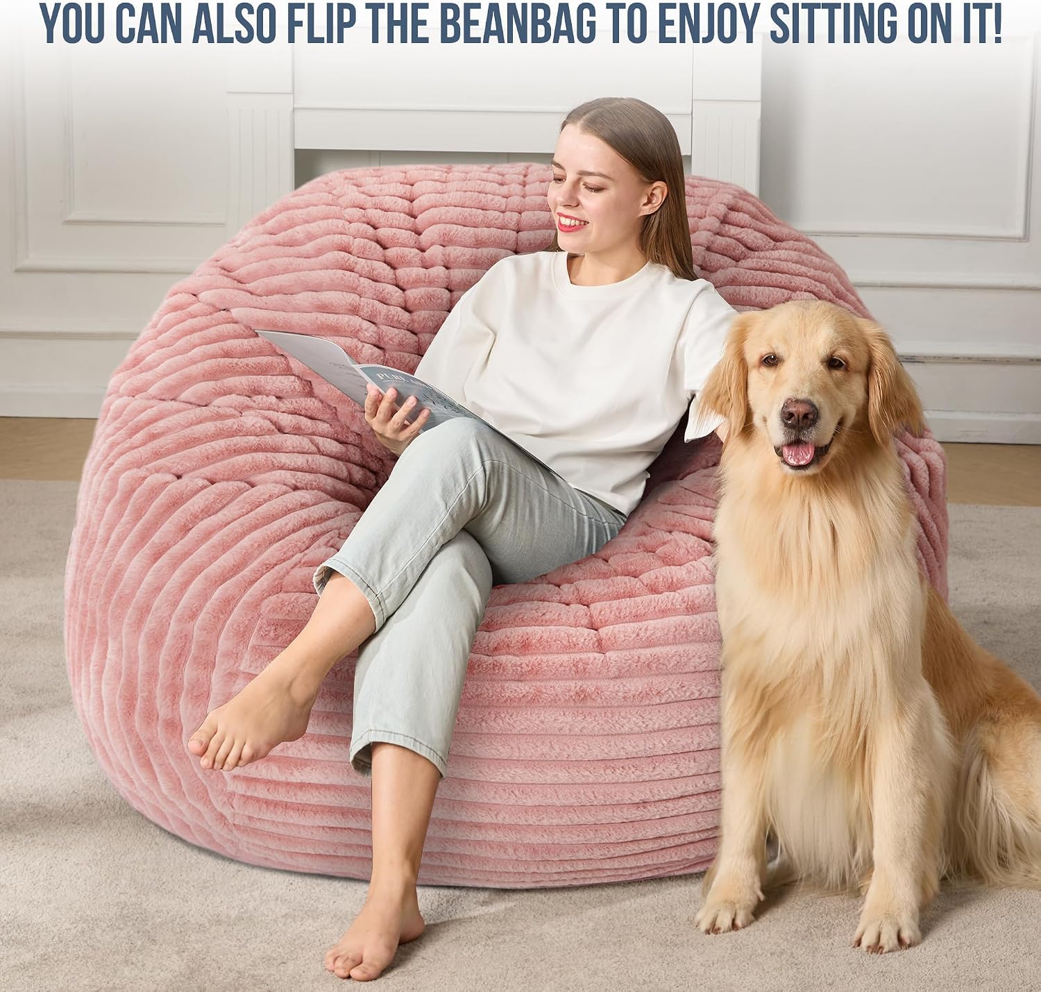 5ft Bean Bag Chairs for Adults Large Beanbag Chair with Stripe Plush Cover Big Bean Bag Chair for Living Room Bedroom Dorm Office