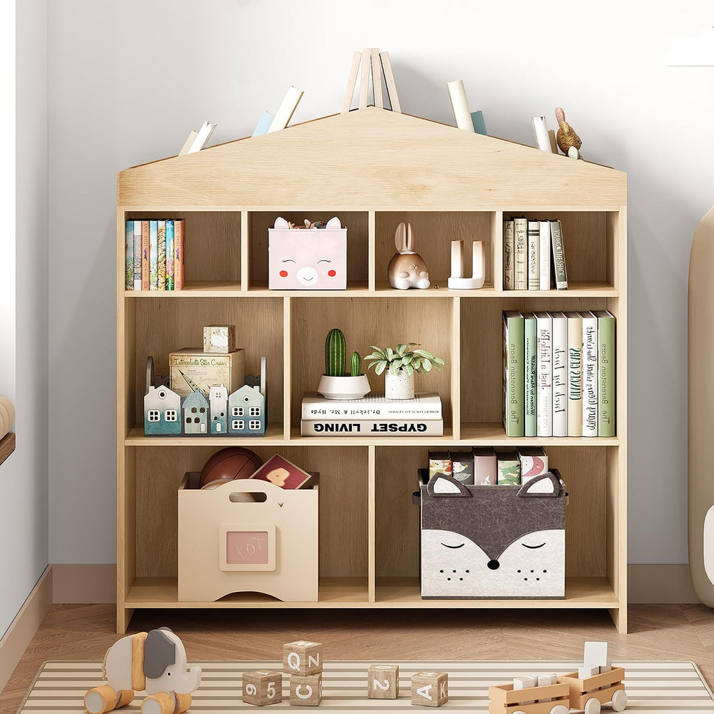 IDEALHOUSE Toy Storage Organizer 9-Cubby Kids Bookshelf 40.7in Width Bookcase Toddlers Playhouse Cabinet Shelf for Boys Girls Wooden Cubby Storage Toy Shelf for Playroom, Nursery, Kids Room