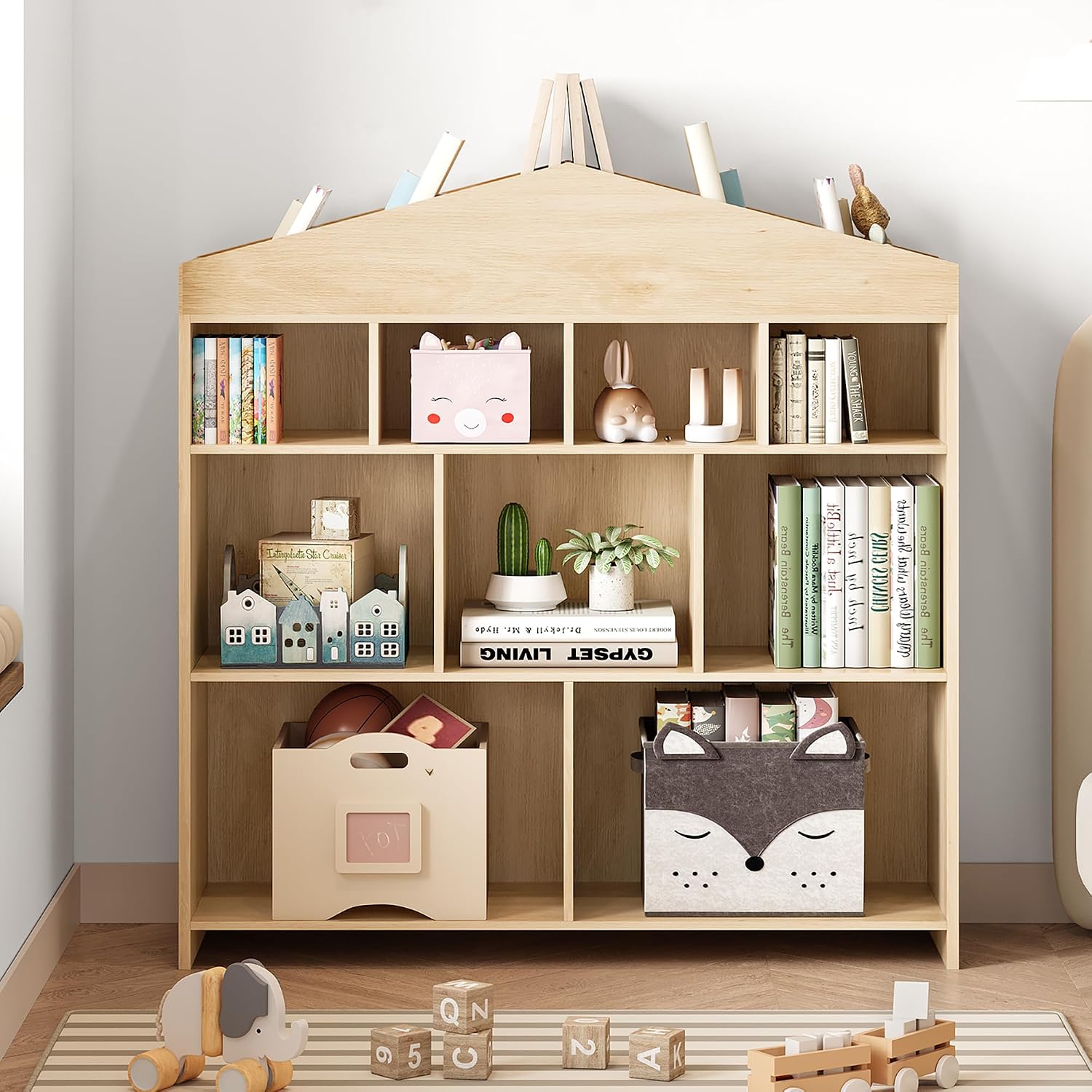 IDEALHOUSE Toy Storage Organizer 9-Cubby Kids Bookshelf 40.7in Width Bookcase Toddlers Playhouse Cabinet Shelf for Boys Girls Wooden Cubby Storage Toy Shelf for Playroom, Nursery, Kids Room