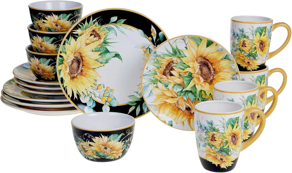 Sunflower Fields 16-Piece Ceramic Dinnerware Set – Great for Fall Gatherings, Daily Meals, Brunches, or Hosting – Service for 4 Includes Dinner Plates, Salad Plates, Bowls & Mugs