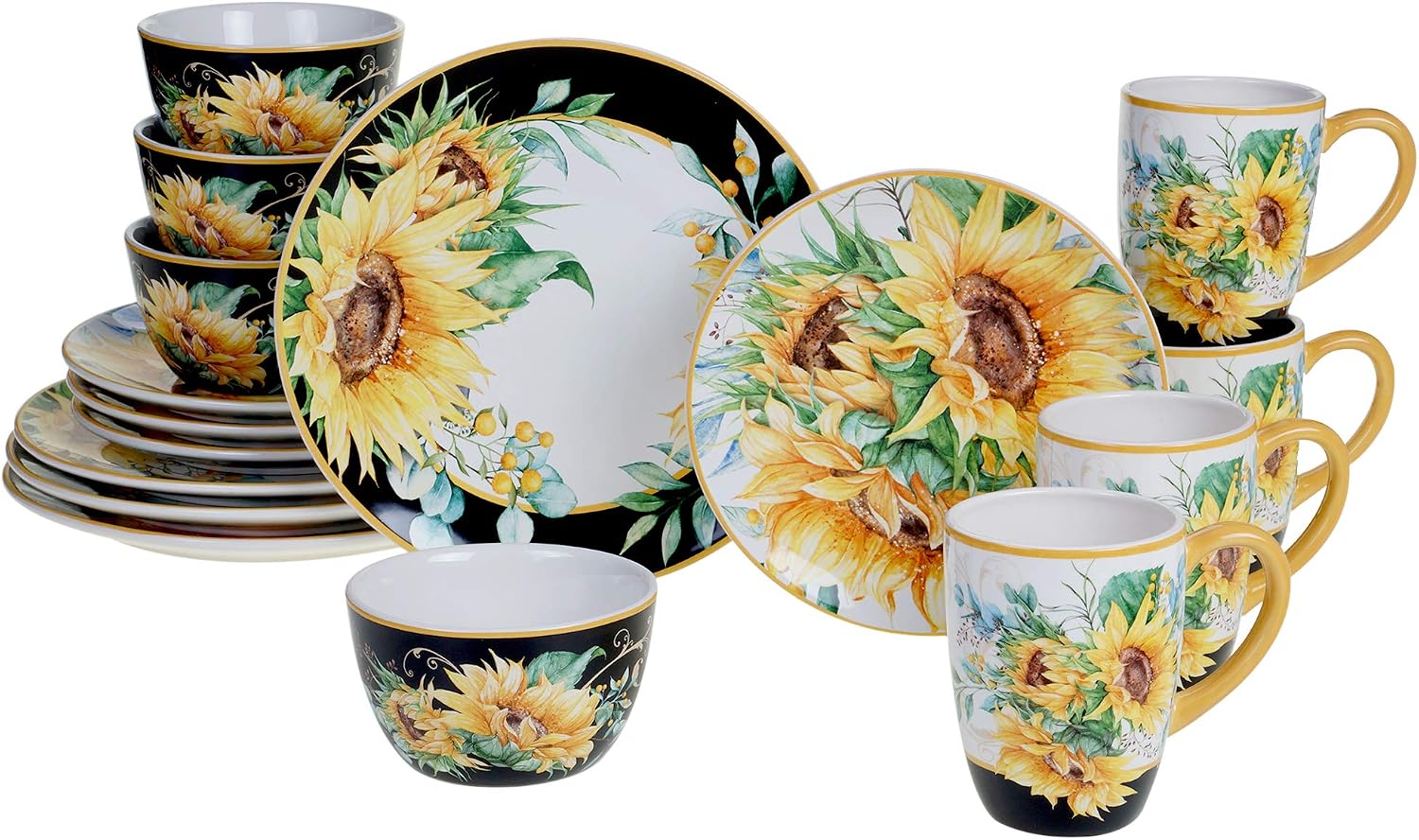 Sunflower Fields 16-Piece Ceramic Dinnerware Set – Great for Fall Gatherings, Daily Meals, Brunches, or Hosting – Service for 4 Includes Dinner Plates, Salad Plates, Bowls & Mugs