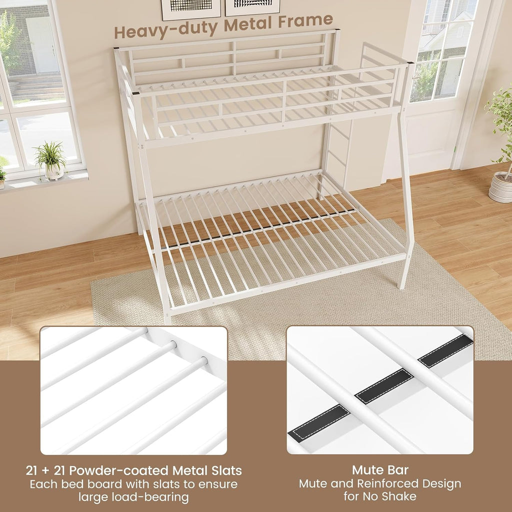 DORTALA Twin Over Full Bunk Bed, Metal Bunk Bed Frame w/Ladder, Safety Rail & Steel Slats, Space-Saving Bunk Beds for Kids Teens Adults, Noise Free for Dorm Bedroom, No Box Spring Needed, White