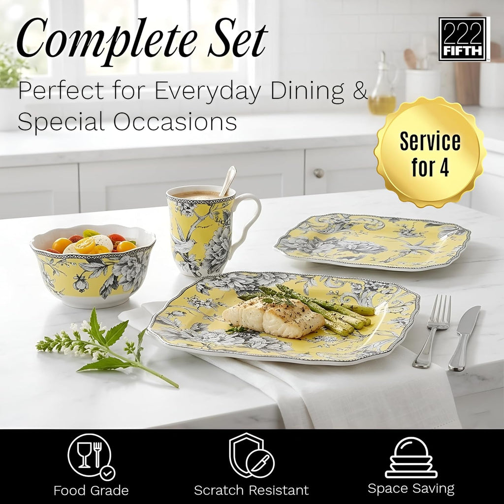 222 Fifth Adelaide Yellow 16-Piece Floral Porcelain Dinnerware Set | Microwave and Dishwasher Safe Dining Set for 4 | Stackable & Chip-Resistant Plates Bowls and Cups | Gift for Housewarming & Wedding