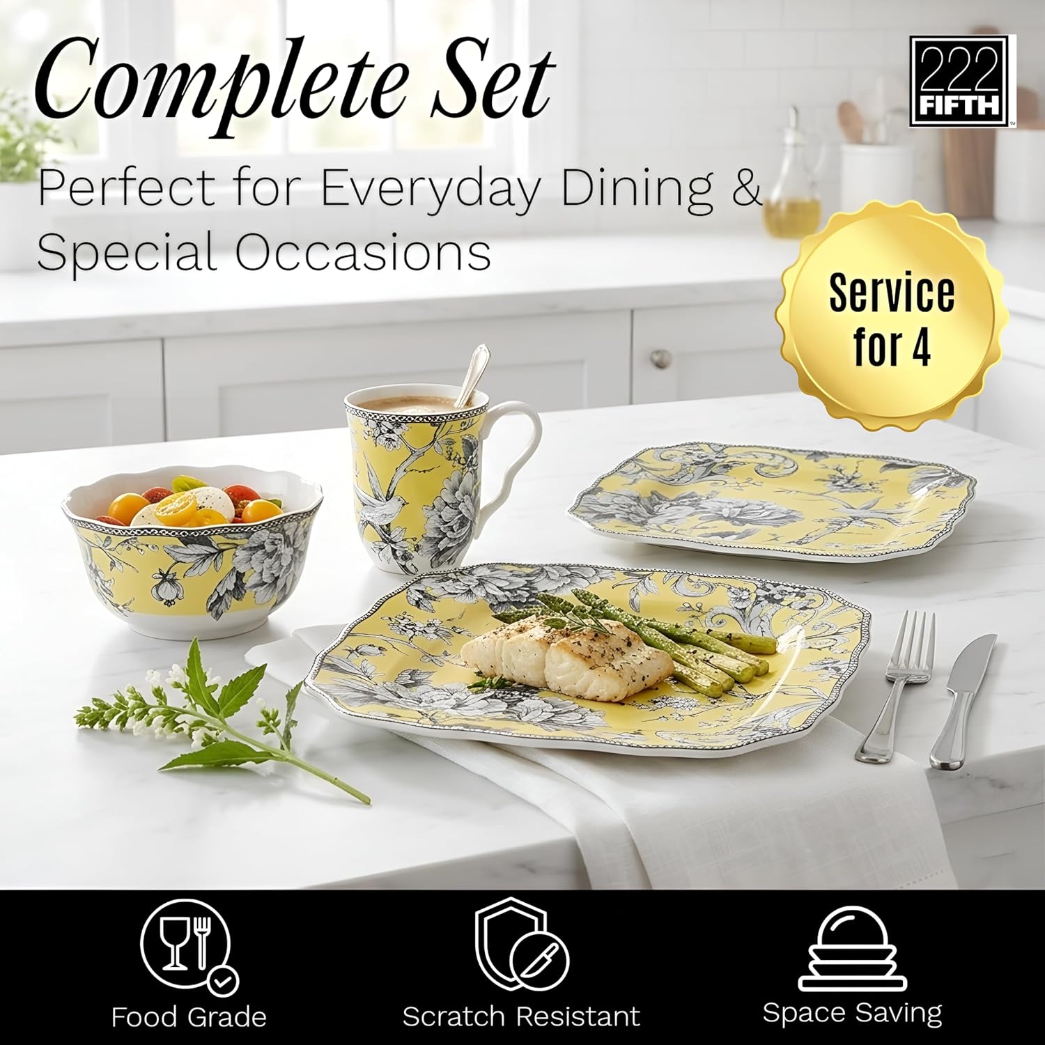 222 Fifth Adelaide Yellow 16-Piece Floral Porcelain Dinnerware Set | Microwave and Dishwasher Safe Dining Set for 4 | Stackable & Chip-Resistant Plates Bowls and Cups | Gift for Housewarming & Wedding
