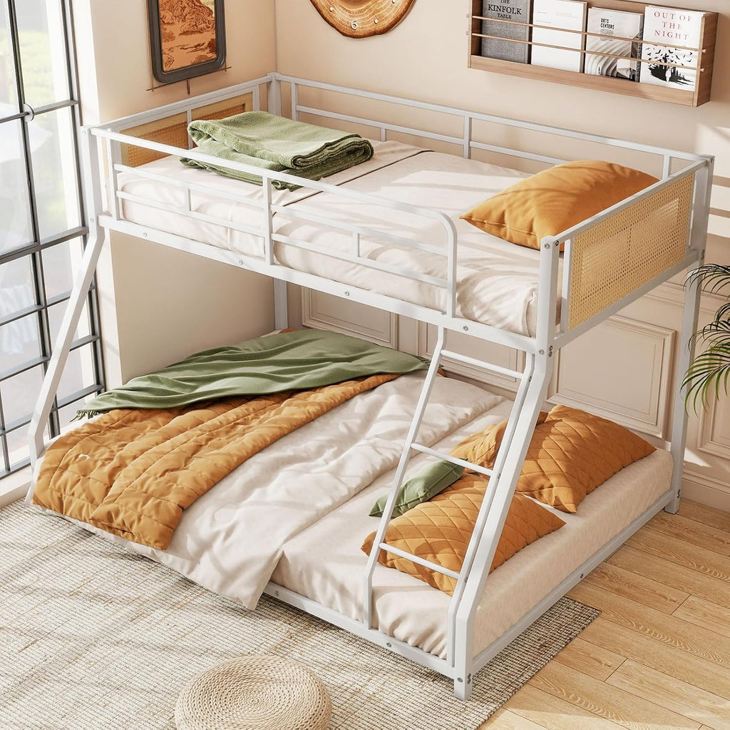 Giantex Twin Over Full Metal Bunk Bed, Boho Rattan Floor Bunkbeds with Ladder & Full-length Guardrails, Heavy Duty Metal Slats Support Bed Frame for Teens, Adults, Guests, No Box Spring Needed (White)