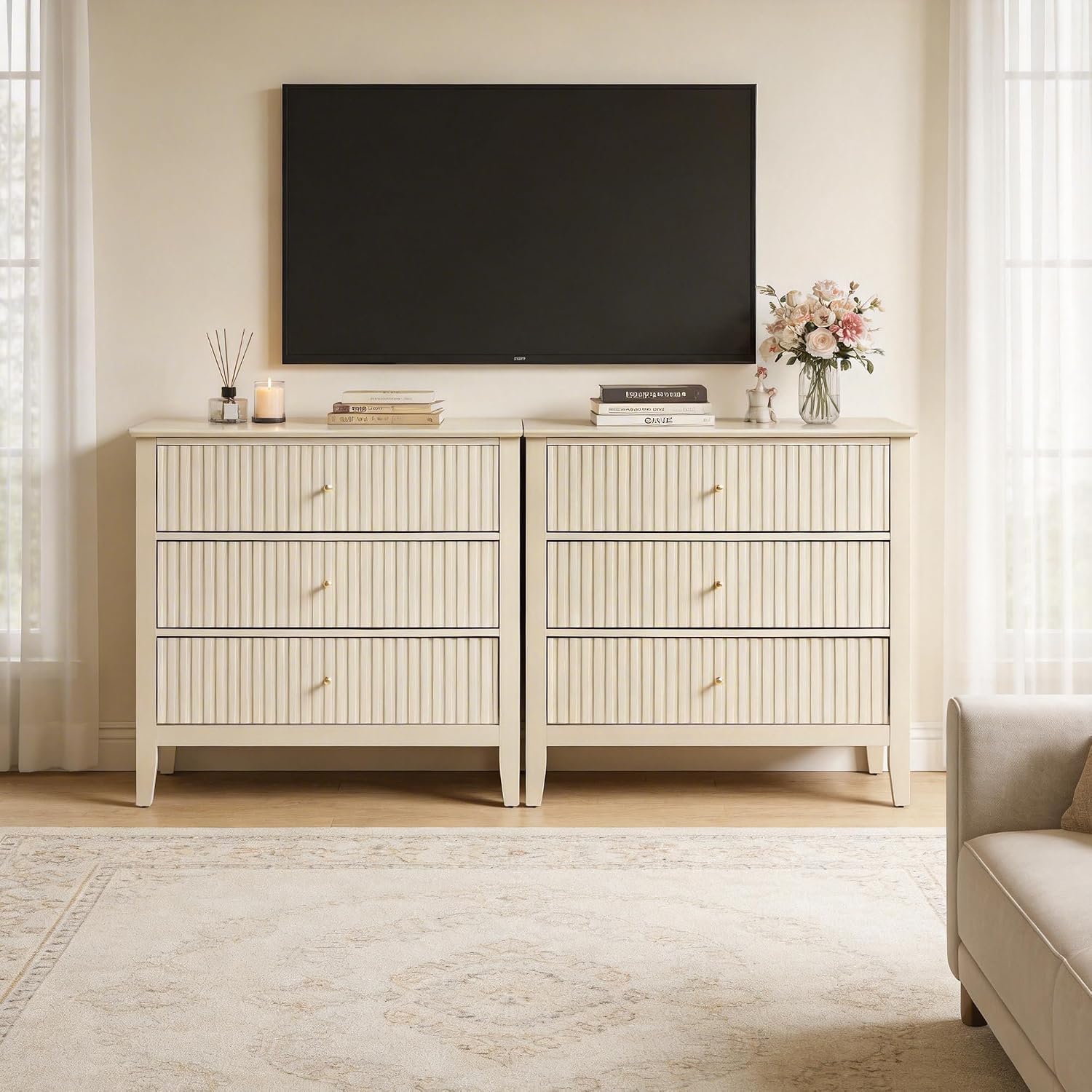 RoyalCraft Large 3 Drawer Dresser Set of 2, Fluted Wood Drawers for Bedroom, Modern Painted 30 inch Wide Nightstand for Bedroom, Entryway, Beige