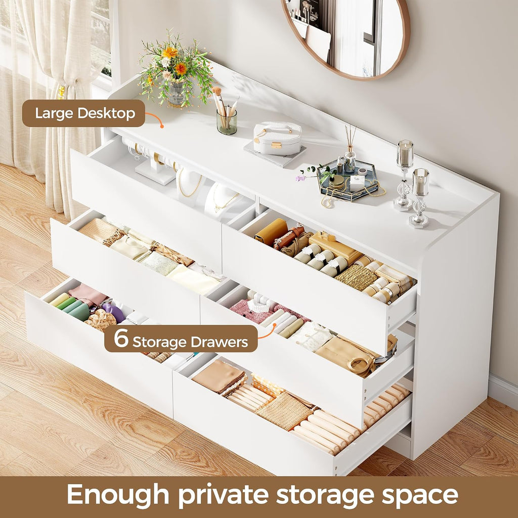 BEWISHOME Dresser for Bedroom, White 6 Drawer Dresser Chest of Drawers, Wood Dressers for Closet, Wide Modern Dressers with Fence for Living Room, Hallway, Entryway, TV Stand, White KCG04W
