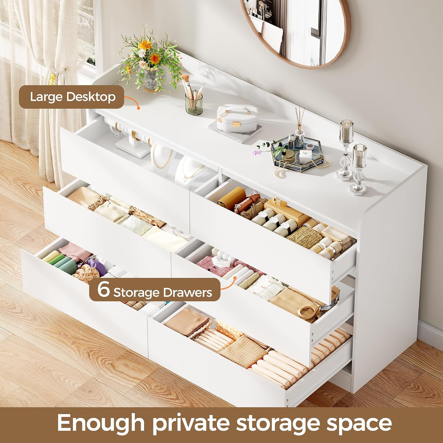 BEWISHOME Dresser for Bedroom, White 6 Drawer Dresser Chest of Drawers, Wood Dressers for Closet, Wide Modern Dressers with Fence for Living Room, Hallway, Entryway, TV Stand, White KCG04W