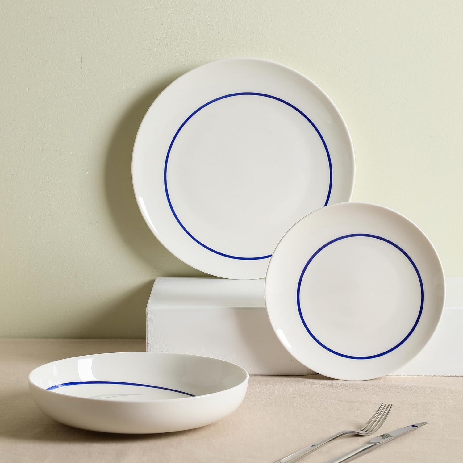 Stone Lain Luna 24-Piece Porcelain Dinnerware Set, Plates and Bowls Set, Dish Set for 8, Blue