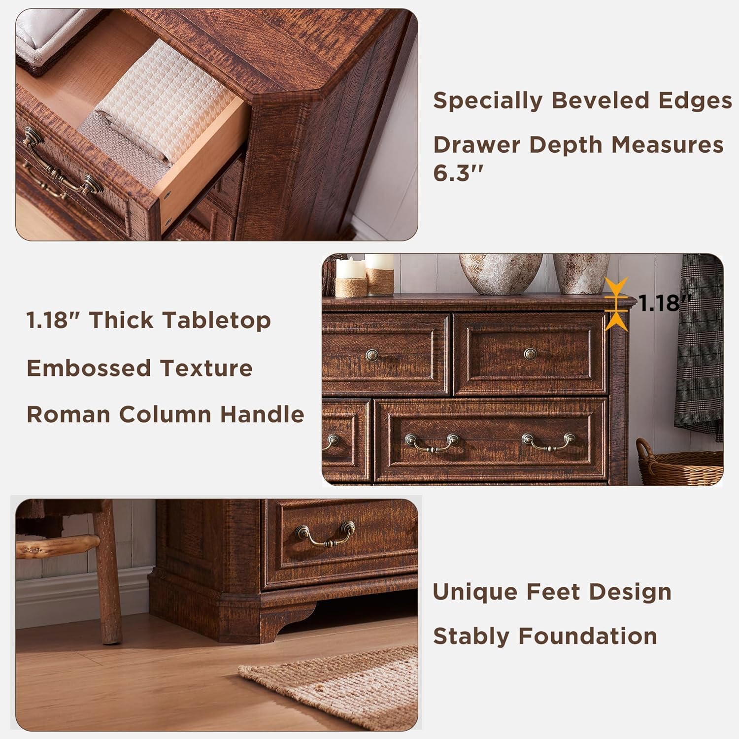 T4TREAM Farmhouse 5 Drawers Dresser for Bedroom, 48' Tall Wood Rustic Chest of Drawers with Natural Texture, Vintage Design, Storage Dressers Organizer for Bedroom, Living Room, Reclaimed Barnwood