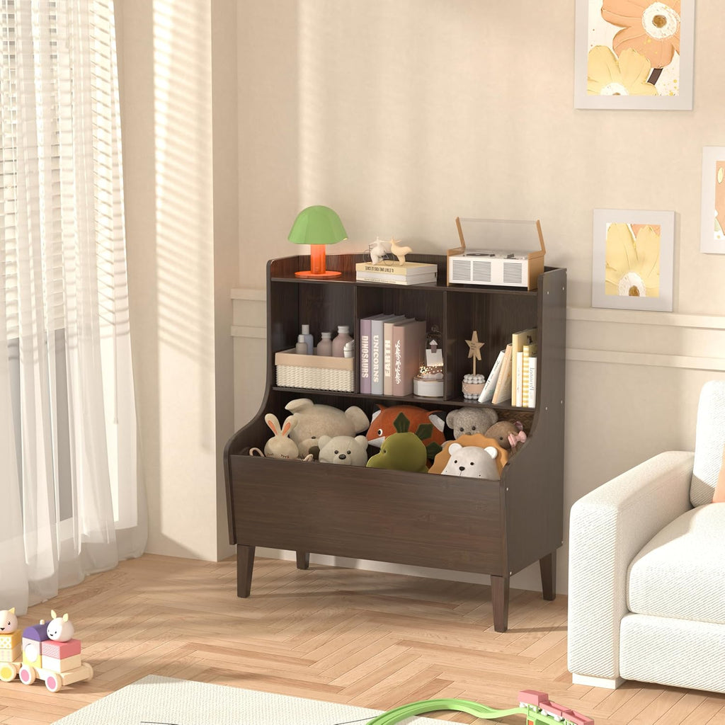 Kids Bookshelf and Toy Storage Organizer，Bamboo Bookcase，Fit for Children's Room, Playroom, Bedroom,Hallway, Kindergarten (Walnut Brown)