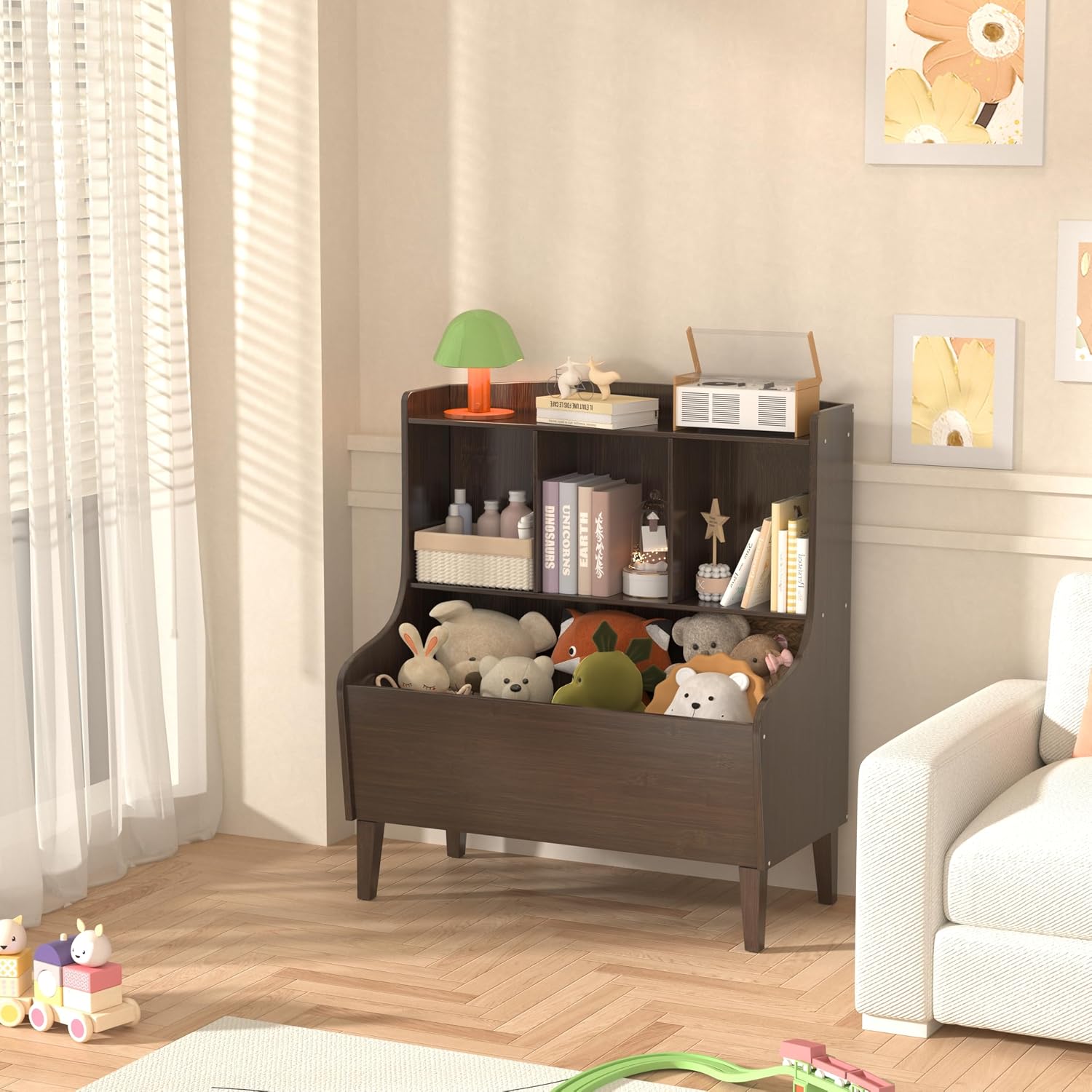 Kids Bookshelf and Toy Storage Organizer，Bamboo Bookcase，Fit for Children's Room, Playroom, Bedroom,Hallway, Kindergarten (Walnut Brown)