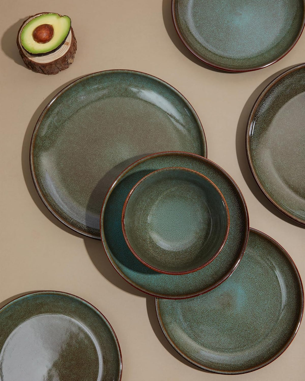 Pokini 16 Piece Double Bowl Dinnerware Sets with Pasta Bowls, Highly Chip and Crack Resistant Plates and Bowls Sets, Natural Earthyware Ceramic Dishware Sets, Service for 4 Sage Green