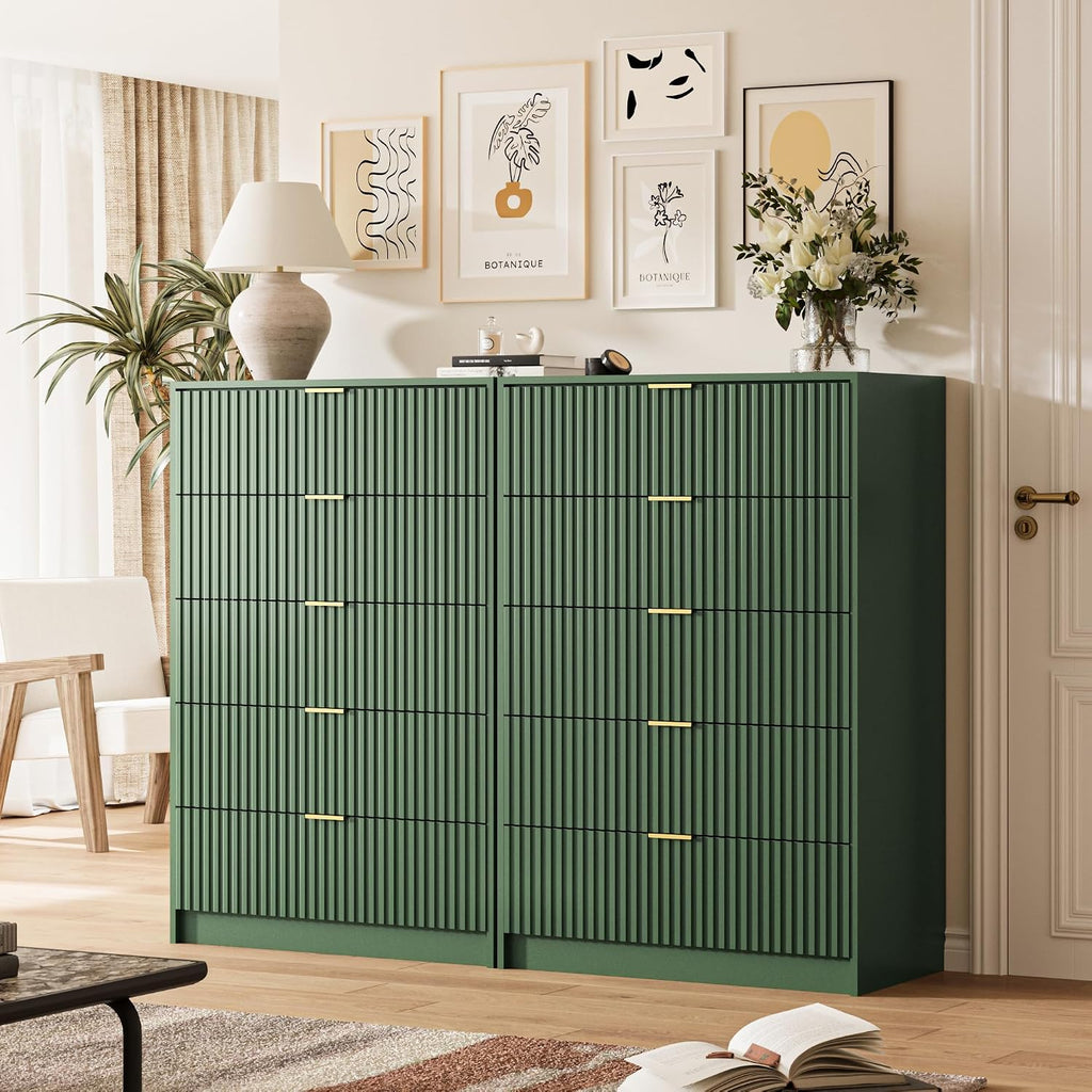 MAISONARIA 5 Drawer Dresser for Bedroom, Tall Dresser Chest of Drawers with Gold Handles, 32 Inch Wide Nightstand with for Bedroom, Living Rooms, Offices, and Entryways, Green