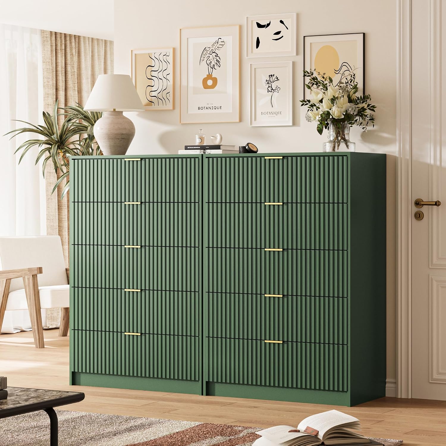 MAISONARIA 5 Drawer Dresser for Bedroom, Tall Dresser Chest of Drawers with Gold Handles, 32 Inch Wide Nightstand with for Bedroom, Living Rooms, Offices, and Entryways, Green