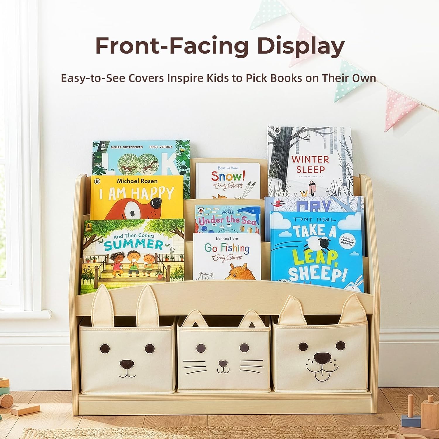 OOOK 3-Tier Kids Bookshelf with 3 Removable Fabric Storage Bins, Front Facing Toddler Montessori Bookshelf, Wooden Bookshelves for Kidsroom, Classroom, Playroom, Nursery