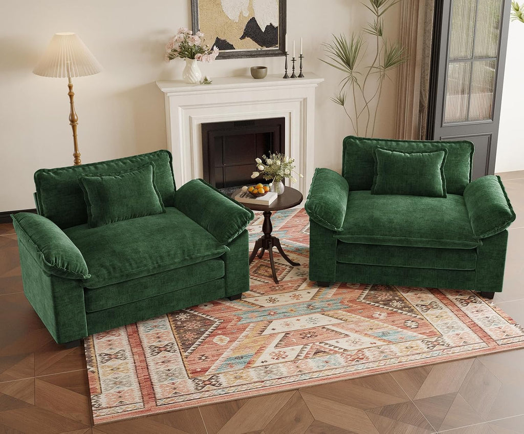 HUSFU 49.5'' W Oversized Accent Chair, Chenille Cloud Sofa Chair with Deep Seat and Extra Wide Armrests, Comfy Reading Armchair for Bedroom, Living Room, Set of 2, Green