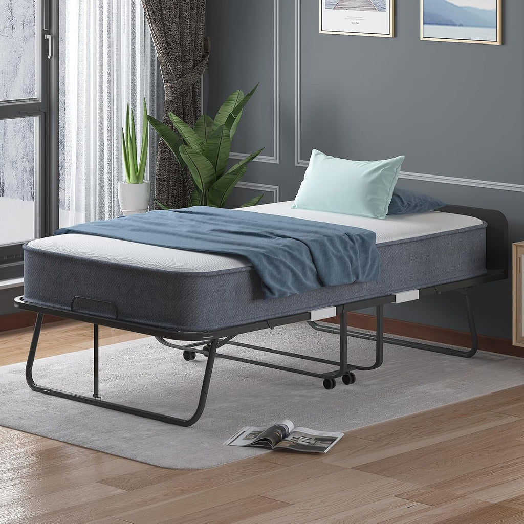 PUREMIND Rollaway Bed with Mattress for Adults, Twin Size Folding Bed with 5' Foam Mattress, Portable Foldable Guest Beds - Sturdy Metal Frame & Dustproof Bag, Hideaway, (75' x 31')