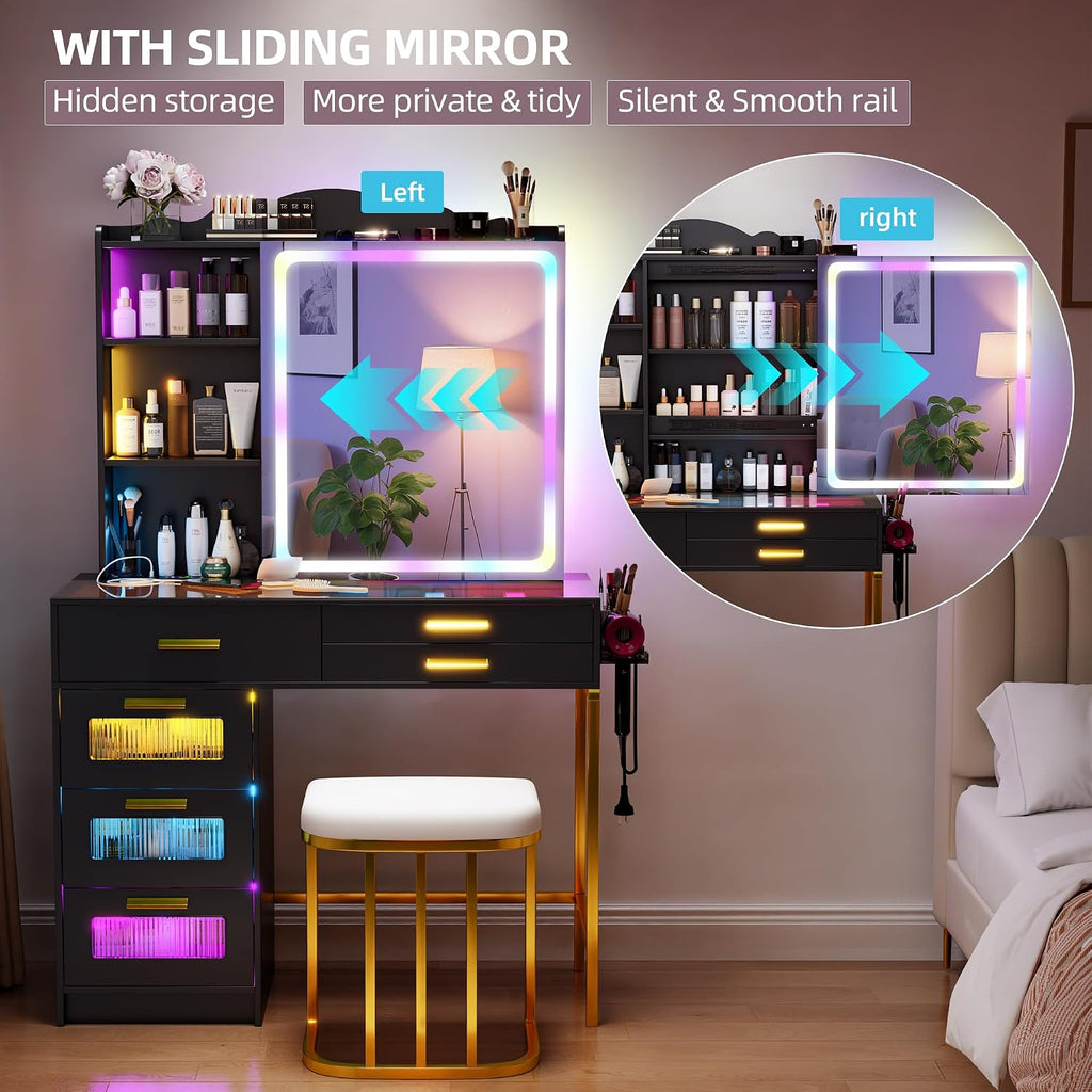 Glass Top Makeup Vanity Desk with RGB LED Light & Adjustable Mirror, Modern Makeup Dresser with Charging Station,Vanity Table Set with 6 Drawers & Hair Dryer Holder for Bedroom,Black