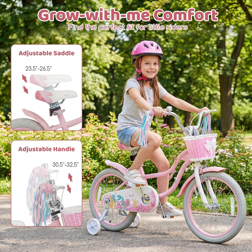 BABY JOY Kids Bike, 12' 14' 16' 18' Mermaid Girls Bike for 3-8 Years Old w/Basket, Training Wheels, Hand & Coaster Brakes, Adjustable Seat & Handlebar, 20' Children Bicycle with Kickstand for 8+