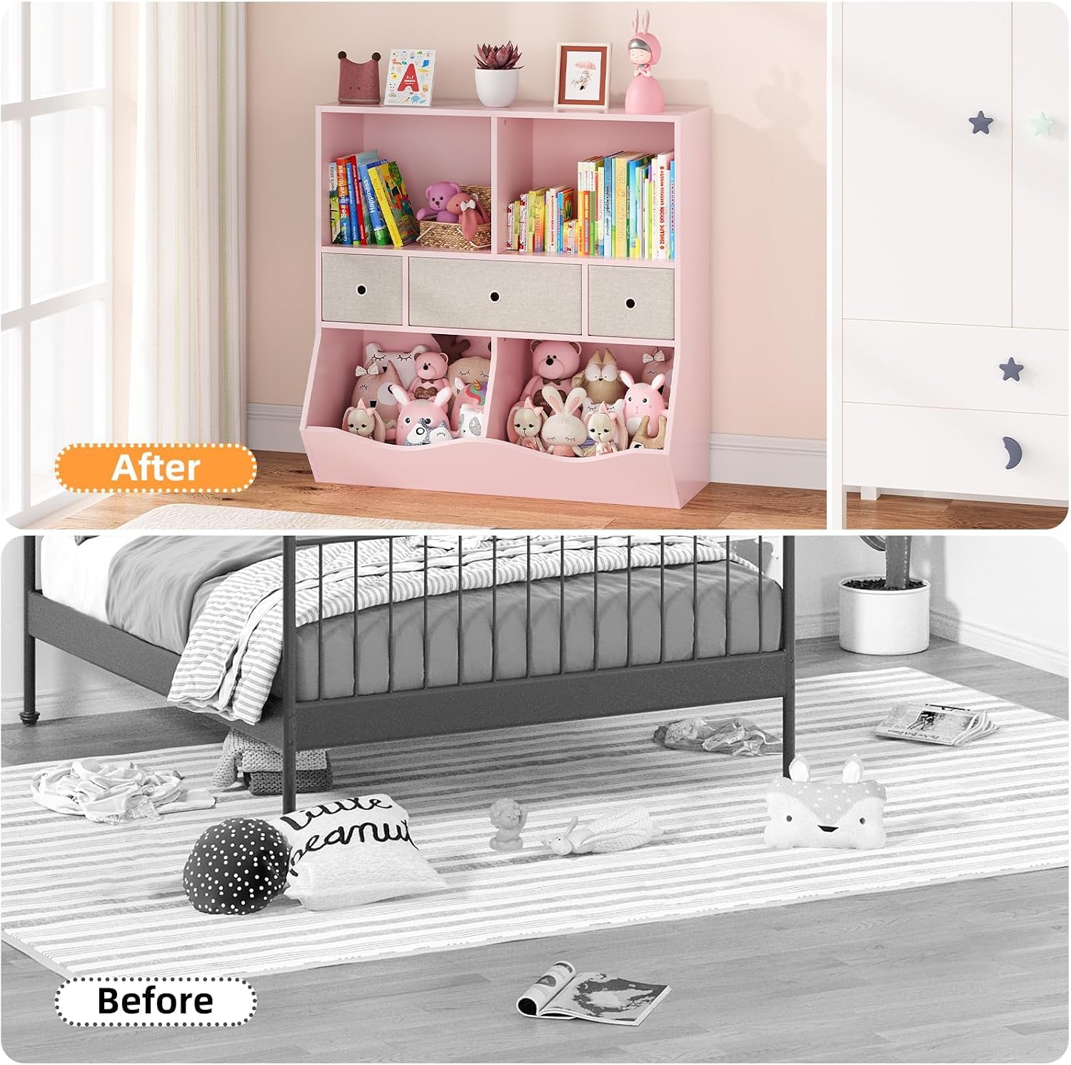 Kids Bookshelf with Toy Storage and Drawers, Multi-Shelf Bookcase with Cubby Organizer Cabinet for Boys & Girls, Storage Unit for Playroom, Bedroom, Hallway-Pink