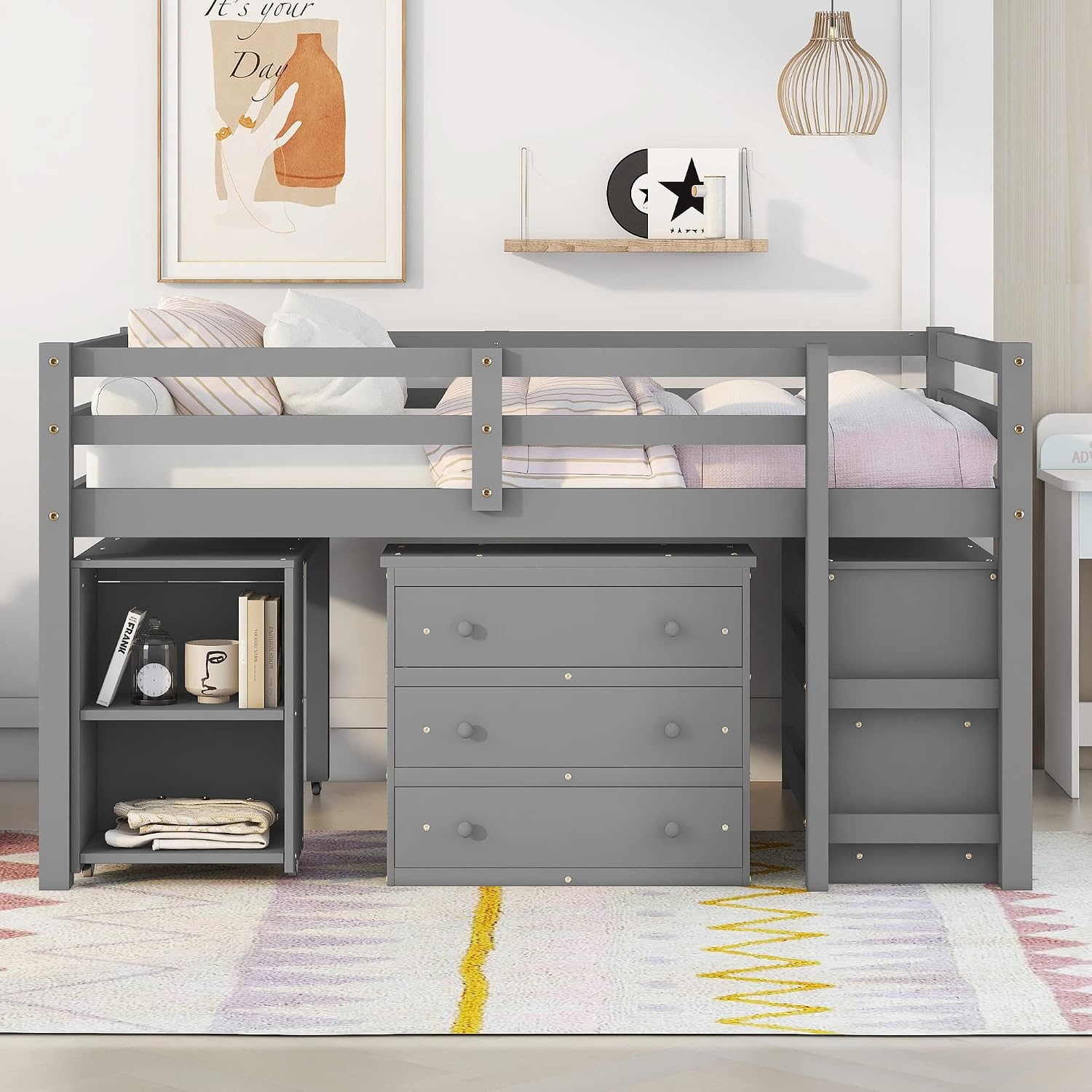 JIVOIT Full Size Low Loft Bed with Rolling Portable Desk, Wooden Loft Bed with Cabinet/Bookshelf/Drawers/Open Shelves for Kids Teens Adults, No Box Spring Required (Gray-Full-Rolling Portable Desk)