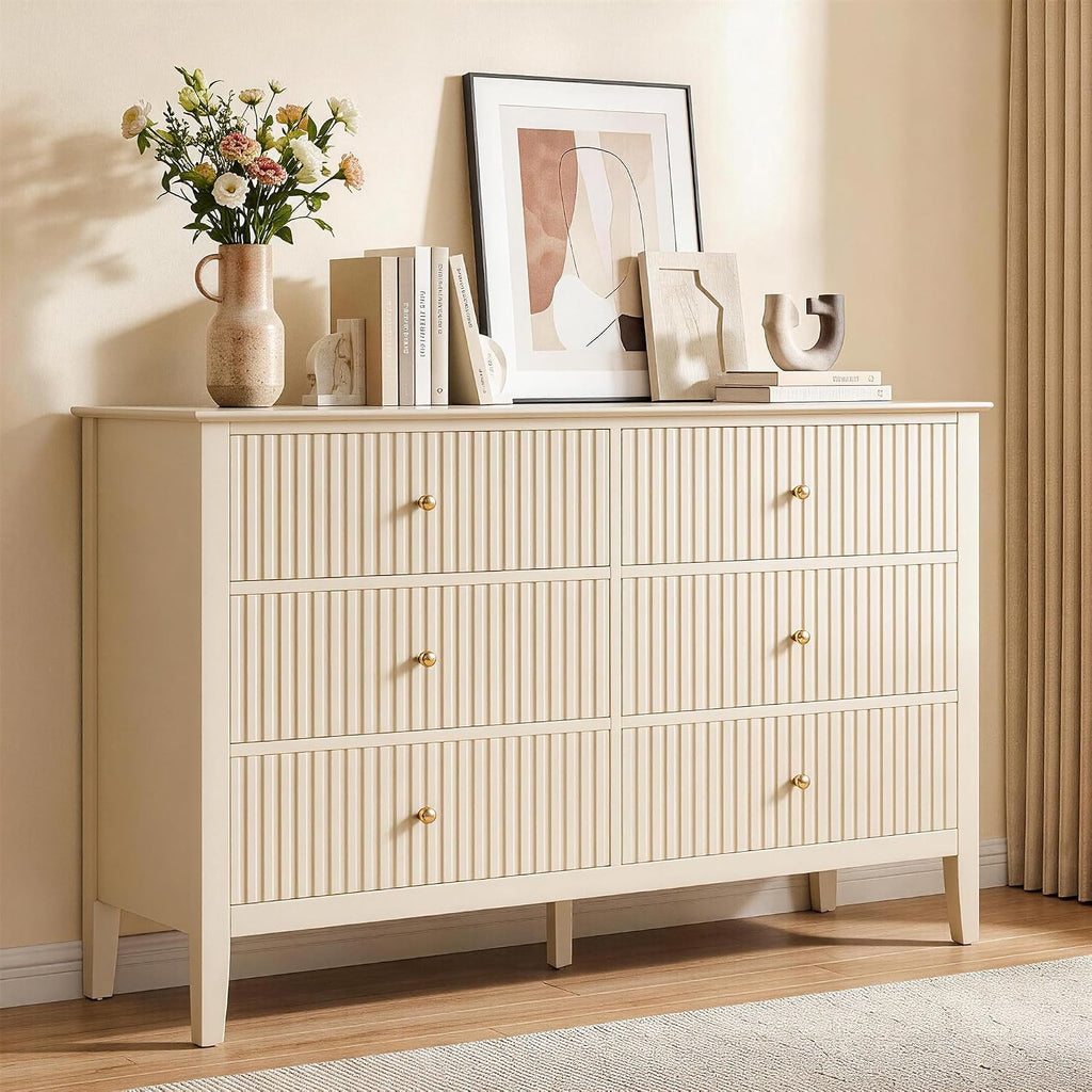 RoyalCraft Beige 6 Drawer Dresser, Fluted Modern Wood Chest of Drawers, Long Dresser for Bedroom TV Stand Storage Cabinet for Living Room