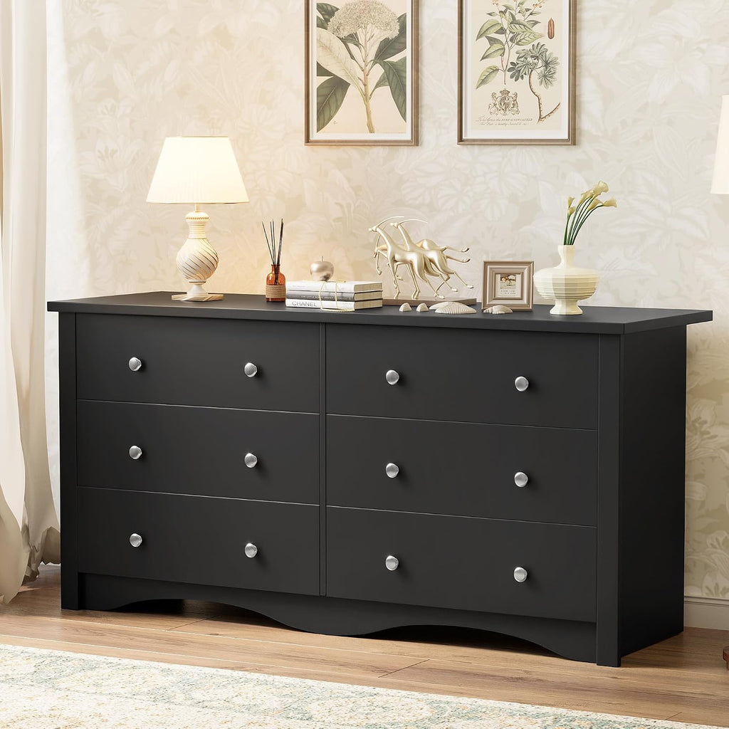 YESHOMY 58'' Dresser for Bedroom, 6 Drawer Dressers, Wood Storage Organizers Units, Hallway,Office(Black)