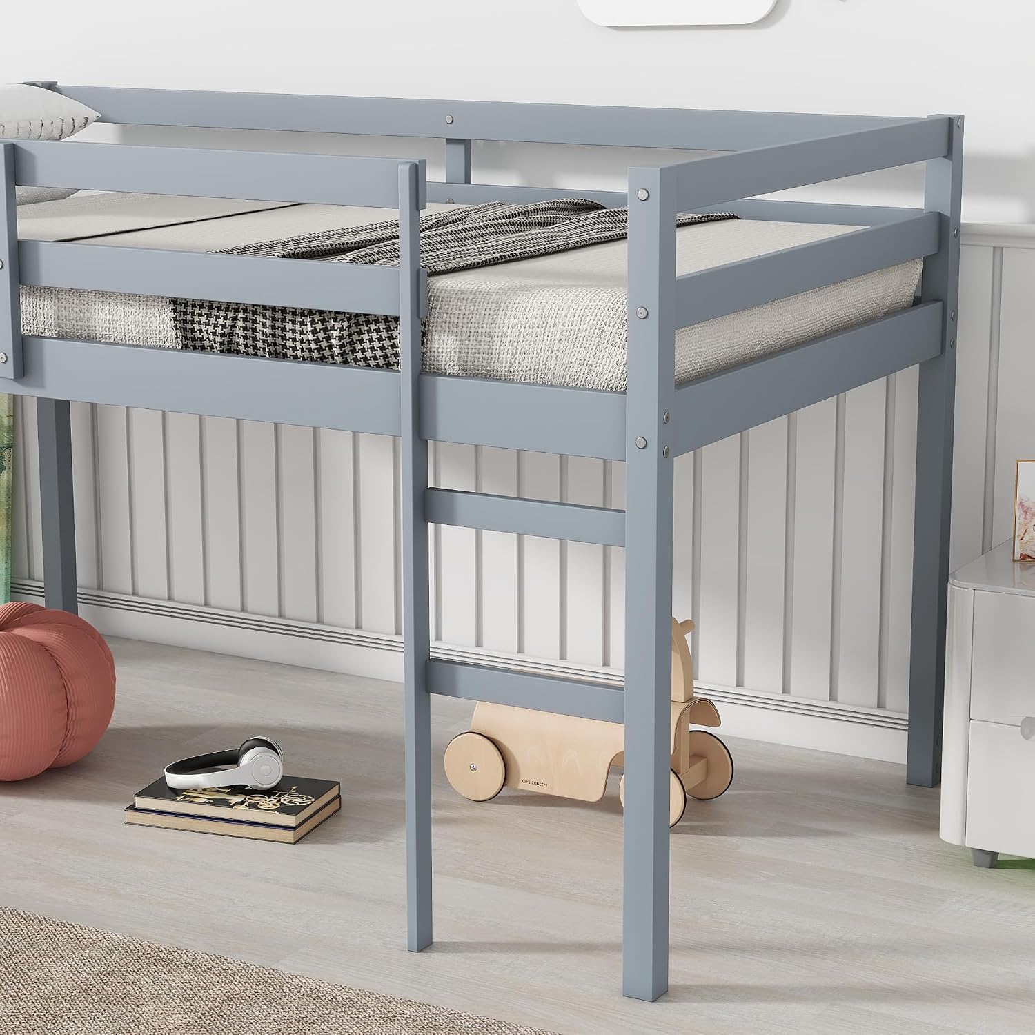 JIVOIT Wood Low Loft Bed Frame with Ladder, Solid Rubber Wooden Twin Loft Bed, Bed Platform of Strengthened Slats, Space Saving Design, No Box Spring Needed (Gray,104)