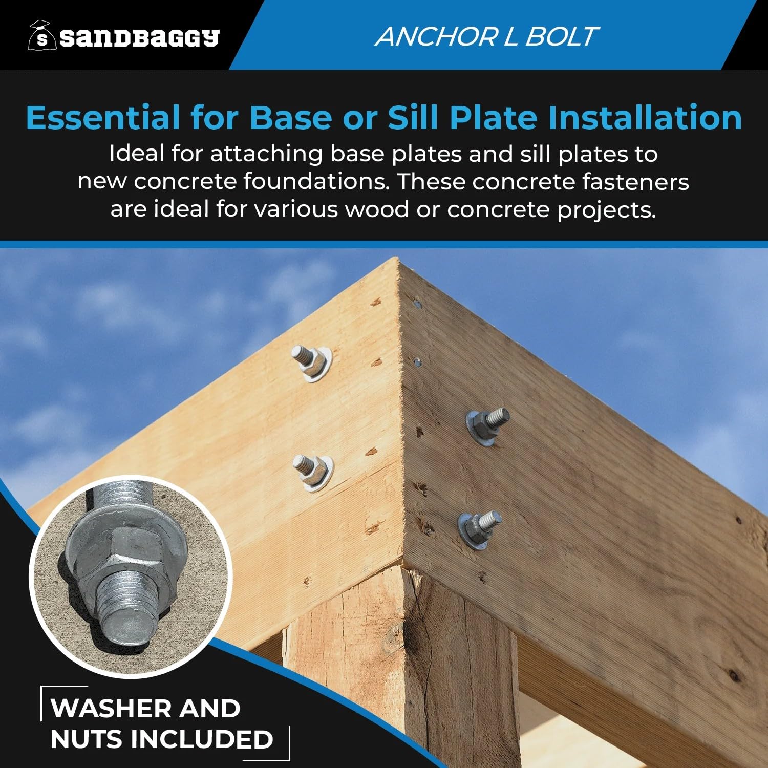 Sandbaggy 1/2' X 12' Threaded Concrete Anchor L-Bolts (Nuts & Washers Included) - Hot Dipped Galvanized - Sill Plate, Base Plate, Masonry, Wood, Cement Anchors, J Bolt (100, 1/2' x 12')