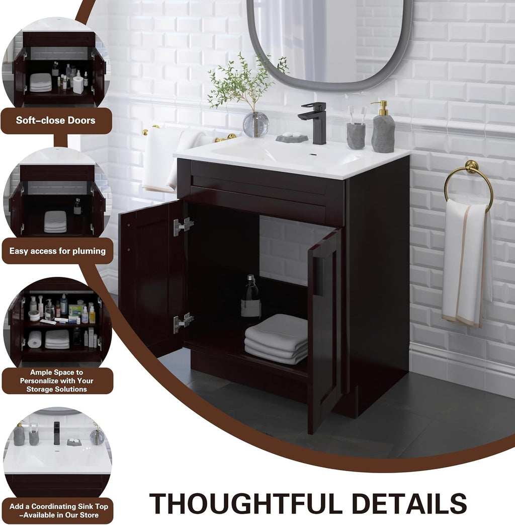30' Espresso Shaker Bathroom Vanity Base – Ready-to-Assemble Sink Cabinet, Freestanding Bathroom Vanity Base Only, No Top or Sink