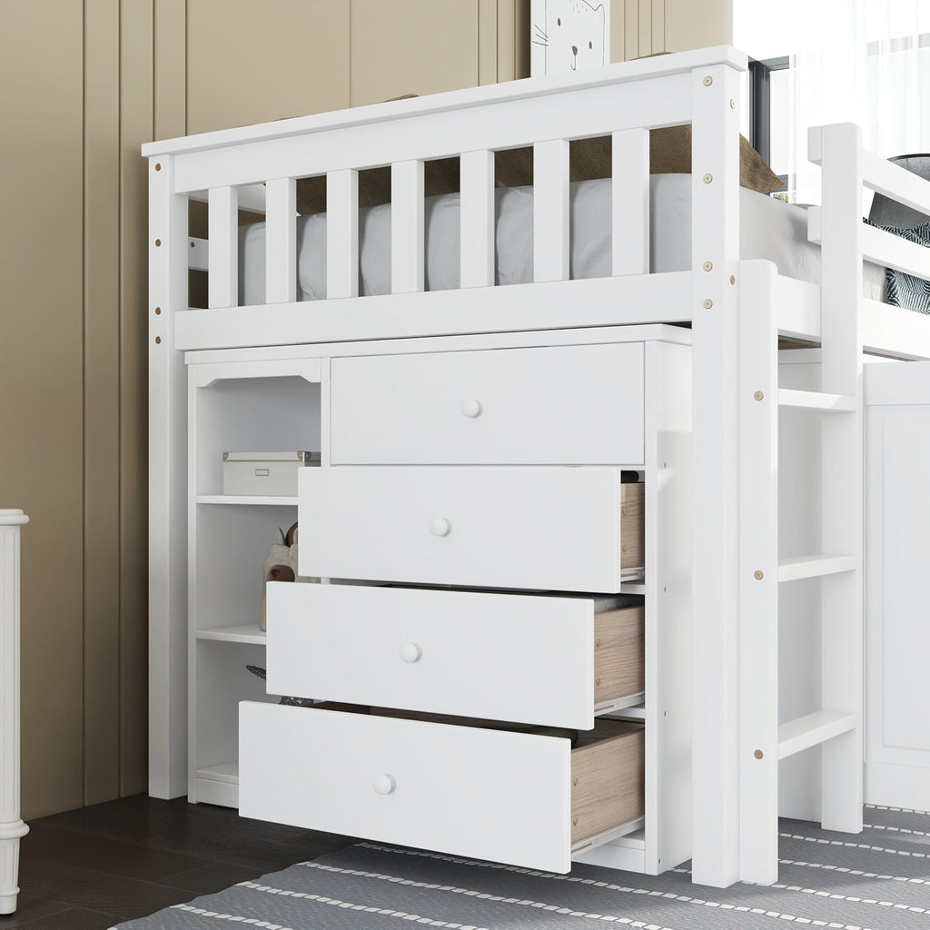 JIVOIT Twin Size Low Loft Bed, Multifunctional Loft Bed with Pulling-Out Desk, Storage Cabinet, Drawer and Shelf Cabinet, Rubber Wood Loft Bed with Safety Guardrail, Ladder, Easy Assembly (White/262)