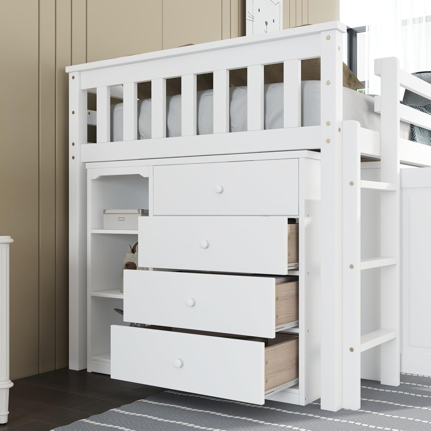JIVOIT Twin Size Low Loft Bed, Multifunctional Loft Bed with Pulling-Out Desk, Storage Cabinet, Drawer and Shelf Cabinet, Rubber Wood Loft Bed with Safety Guardrail, Ladder, Easy Assembly (White/262)
