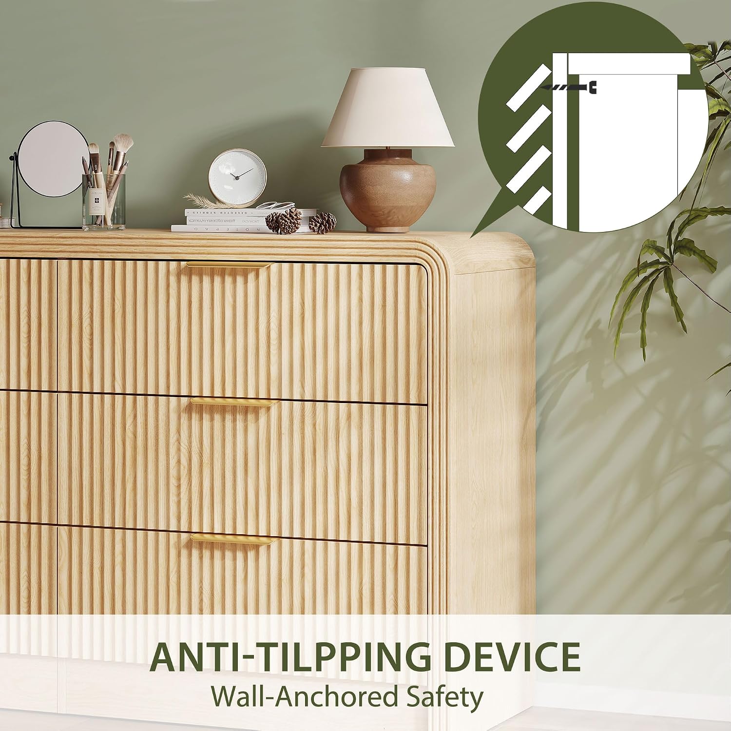 Decofy Fluted Drawers Dresser for Bedroom, Wood Dressers with Gold Handles, Modern Dressers with Wave Texture, Large Storage Chest of Drawers, Bedroom Dresser Organizer 55'' & 6 Drawers (Natural Oak)