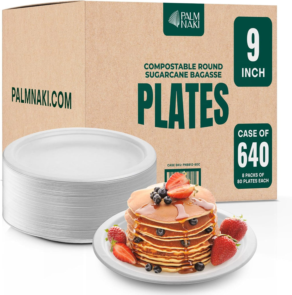 Bulk Case: 9' Heavy Duty Paper Plates | Compostable & Biodegradable | Made from Sugarcane Bagasse | Leak-Resistant & Sturdy | Microwave Safe | PFAS-Free | 9 Inch | 8 x 80-Pack (640 Pcs) | Palm Naki