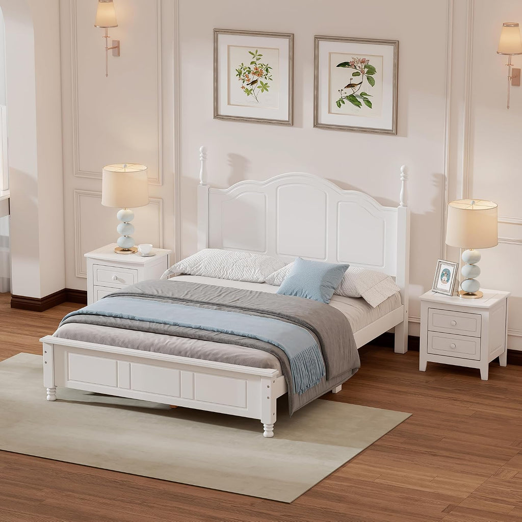 3-Pieces Bedroom Sets, Full Size Wood Platform Bed and 2 Nightstands, Retro Style Platform Bed with Wooden Slat Support and Headboard,No Box Spring Needed, Easy Assembly (White-O8S)