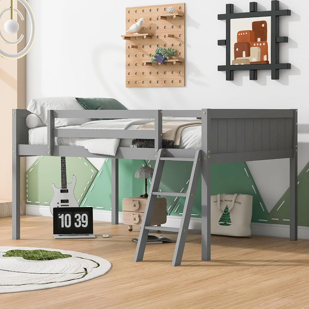 JIVOIT Full Size Low Loft Bed, Wooden Loft Bed with Convertible Ladder, Ladder can be Placed on The Left or Right, Full-Length Guardrails, No Box Spring Required (Gray & Convertible Ladder,Full)