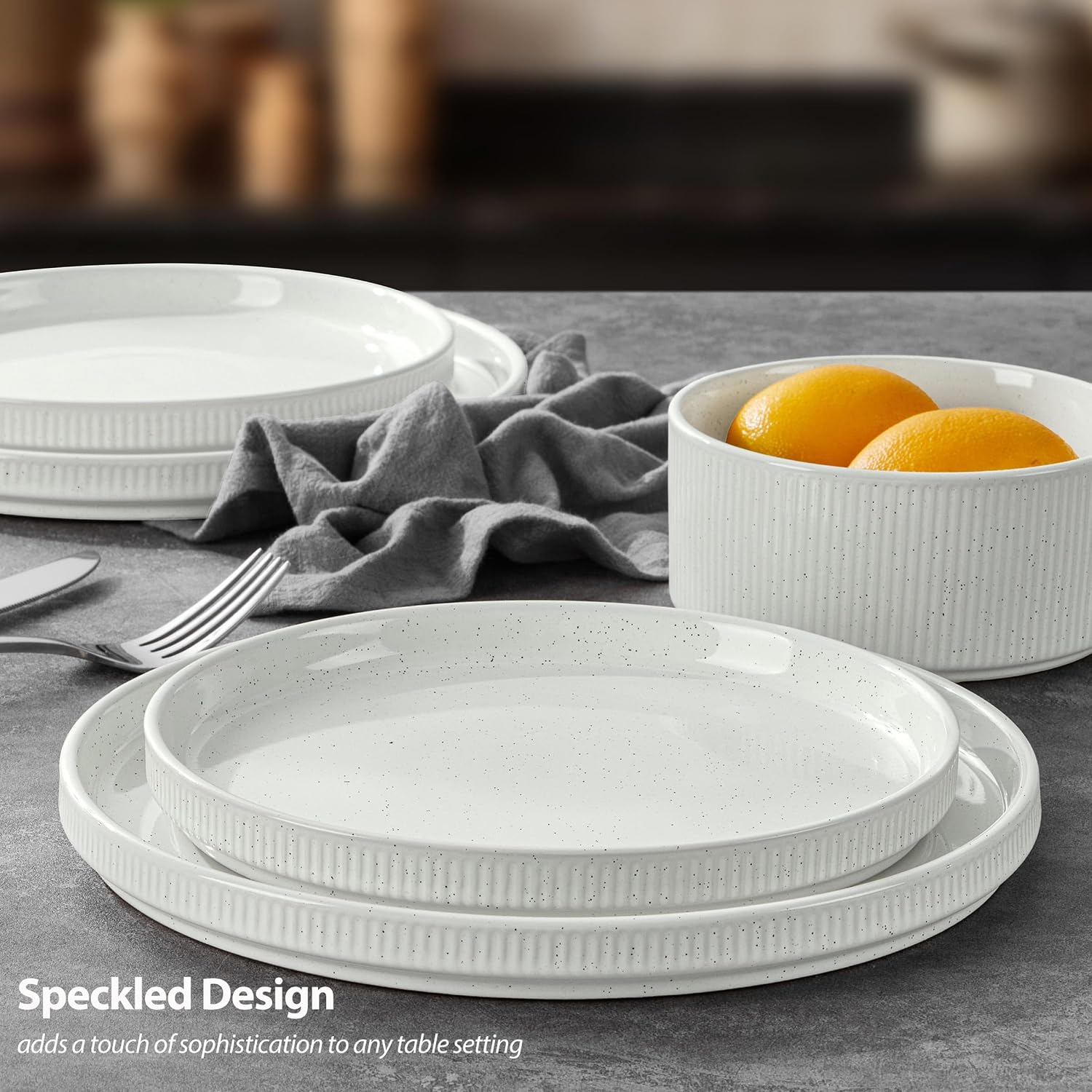 LIANYU 24 Piece Dinnerware Sets with Double Bowls, Ceramic Plates and Bowls Set for 4, Ribbed Stoneware Dishes for Home Kitchen, Microwave and Dishwasher Safe, Speckled White
