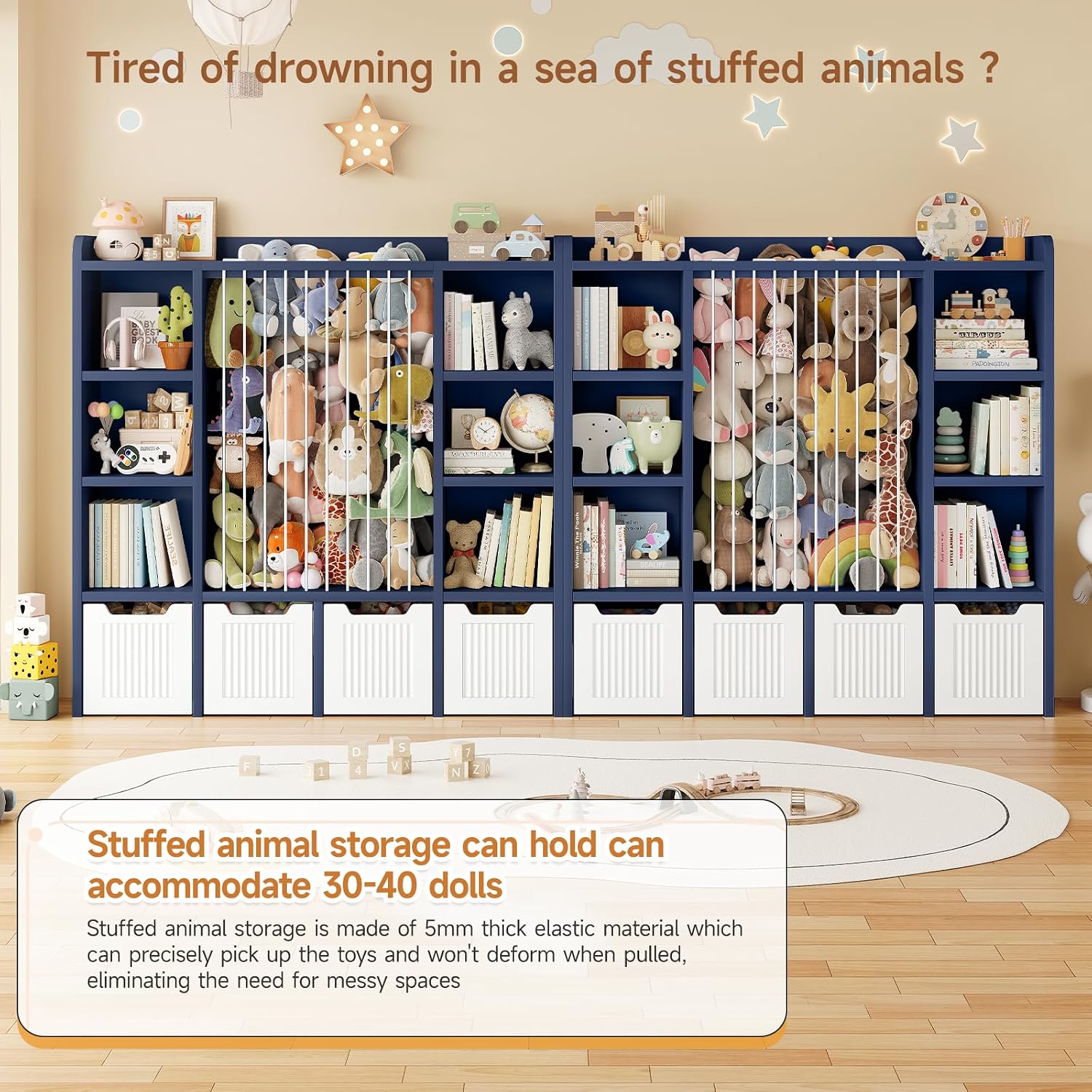ONBRILL Toy Storage Organizer, Toddler Stuffed Animal Storage, Kids Toy Shelf with 6 Open Cubbies & 4 Movable Toy Chest, Bookshelf for Kids Room Playroom Bedroom Nursery (Blue)
