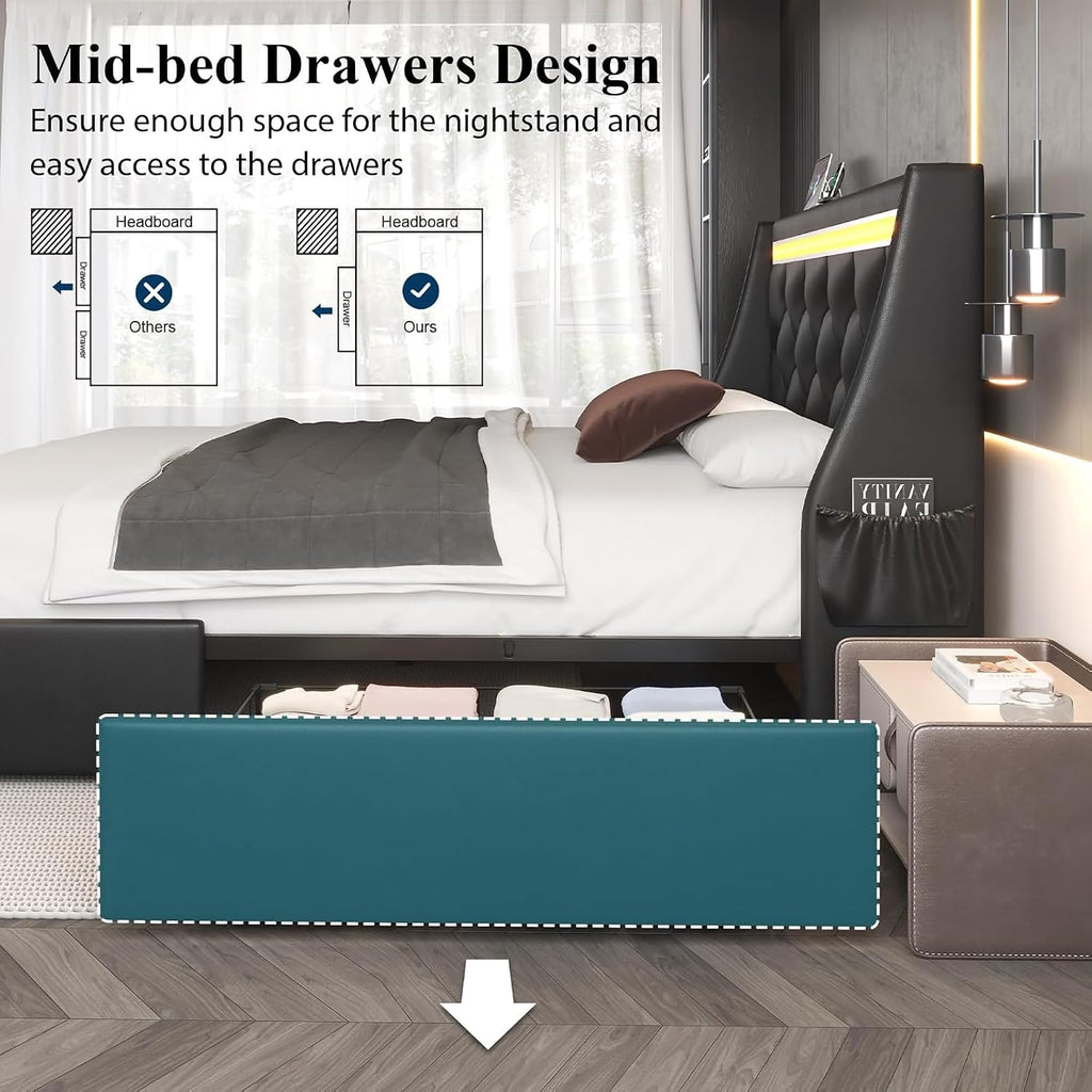 Queen Bed Frame with Storage Drawers and LED Lights/Charging Station, Modern Diamond Upholstered Platform Bed with Wingback Headboard, Wooden Slats Support, No Box Spring Needed (Black, Queen)