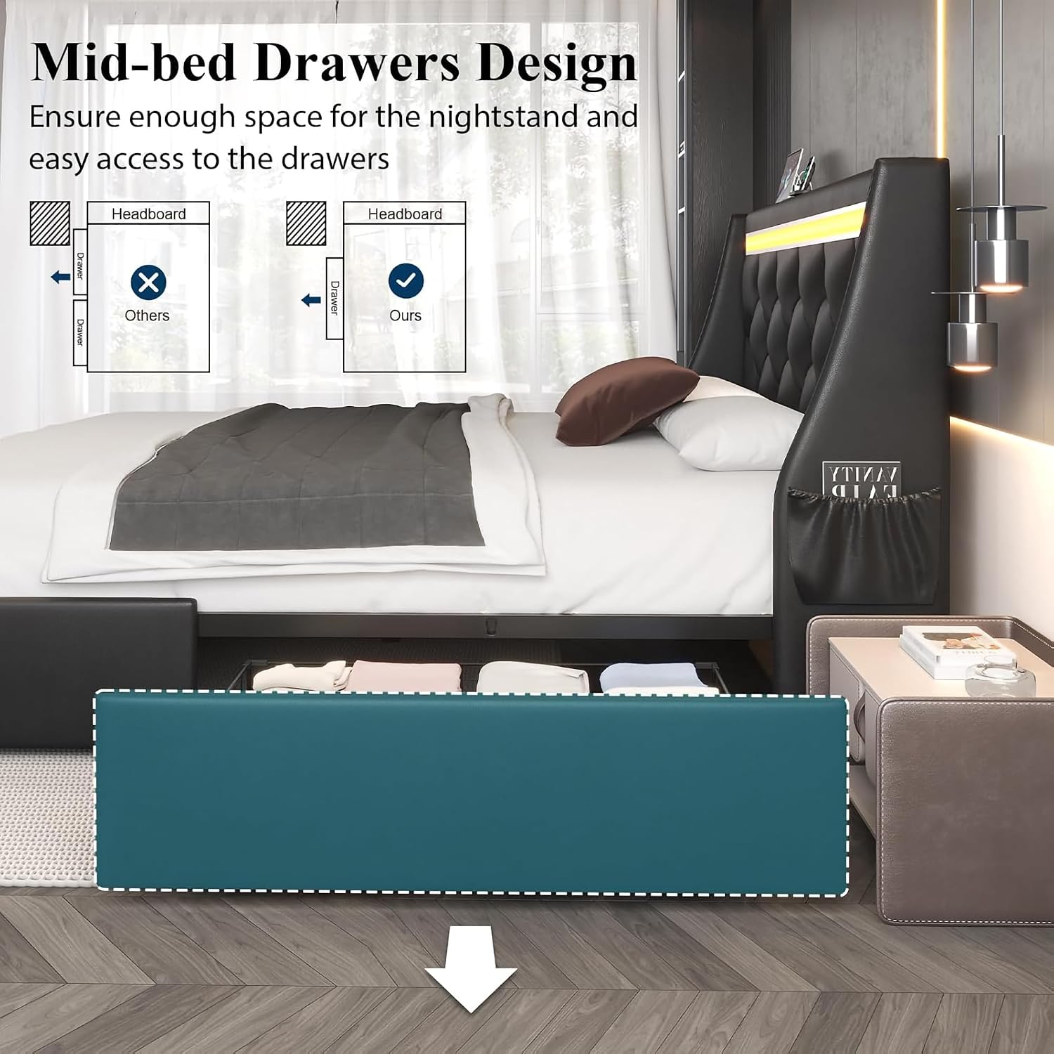 Queen Bed Frame with Storage Drawers and LED Lights/Charging Station, Modern Diamond Upholstered Platform Bed with Wingback Headboard, Wooden Slats Support, No Box Spring Needed (Black, Queen)