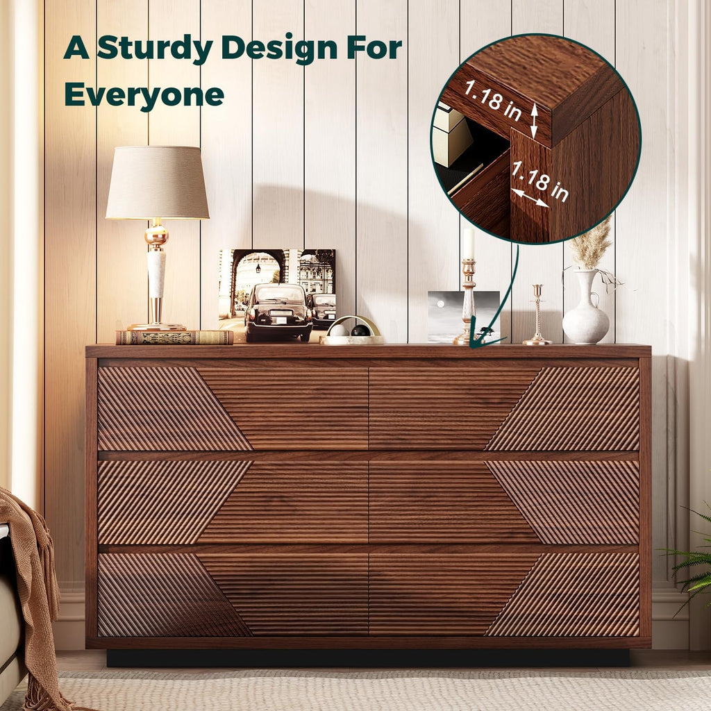 Ieejdn 55.12' Modern Chest of Drawer, 6 Deep Drawers,Clothes Organizer,Large Storage Cabinet for Living Room, Bedroom,Dresser TV Stand, Wood Drawer Organizer for Living Room, Hallway, Umber