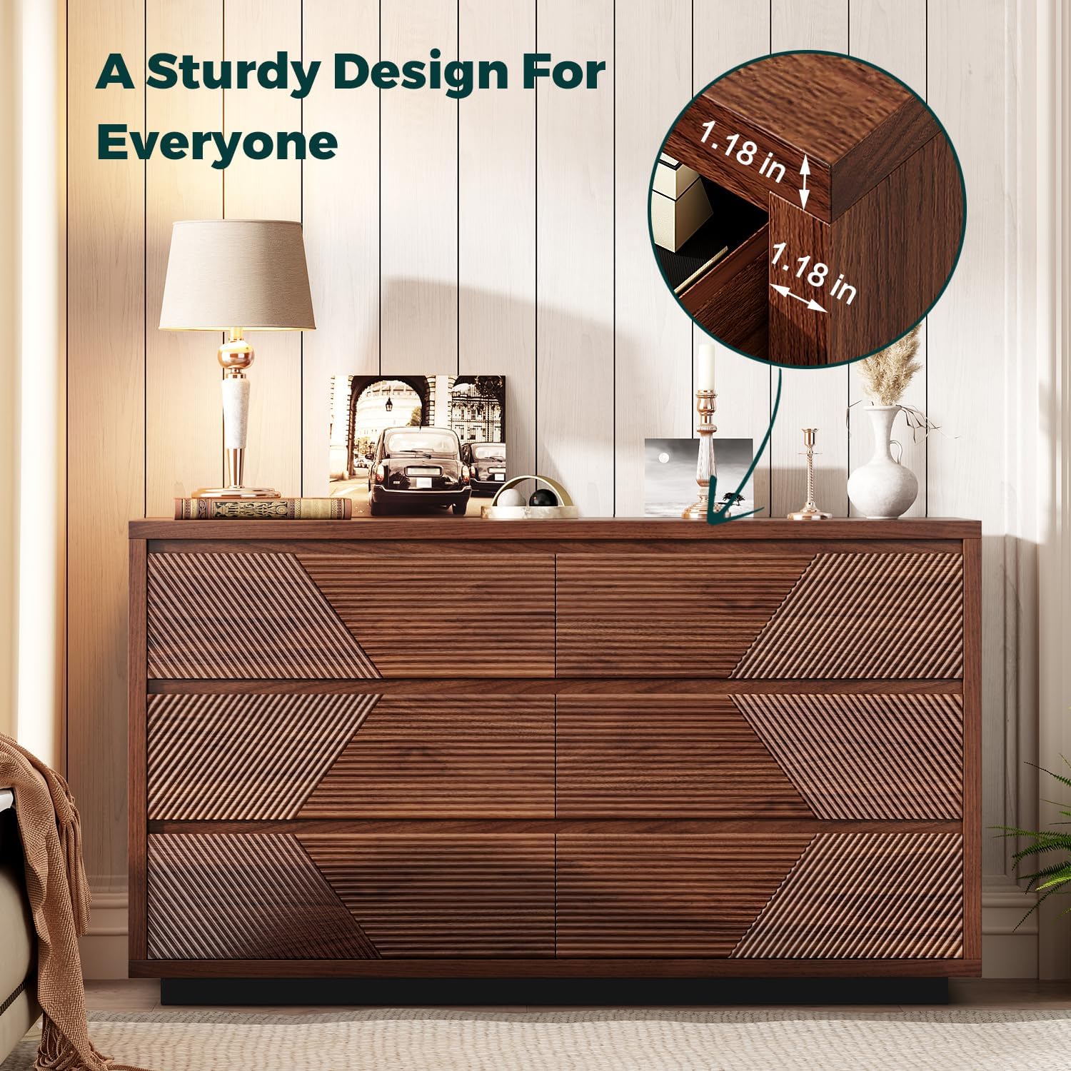 Ieejdn 55.12' Modern Chest of Drawer, 6 Deep Drawers,Clothes Organizer,Large Storage Cabinet for Living Room, Bedroom,Dresser TV Stand, Wood Drawer Organizer for Living Room, Hallway, Umber
