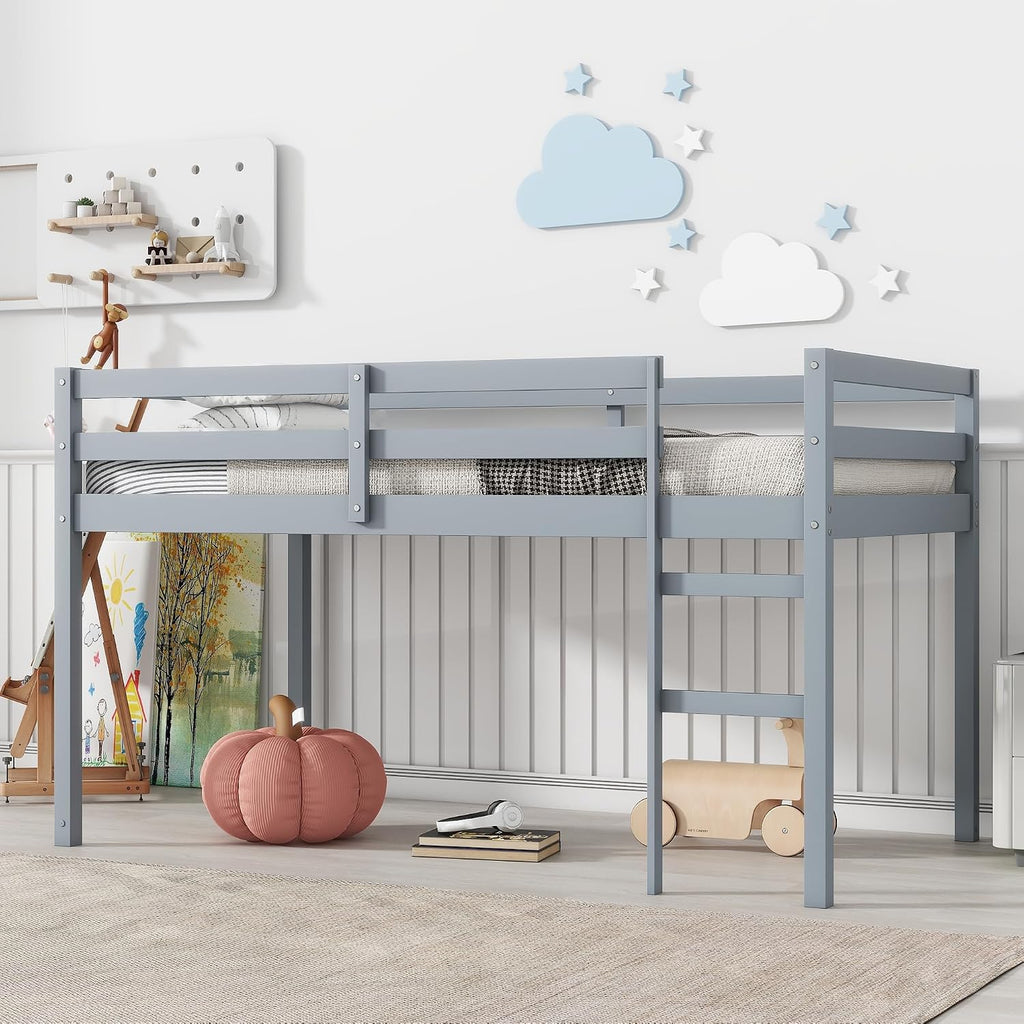 JIVOIT Wood Low Loft Bed Frame with Ladder, Solid Rubber Wooden Twin Loft Bed, Bed Platform of Strengthened Slats, Space Saving Design, No Box Spring Needed (Gray,104)
